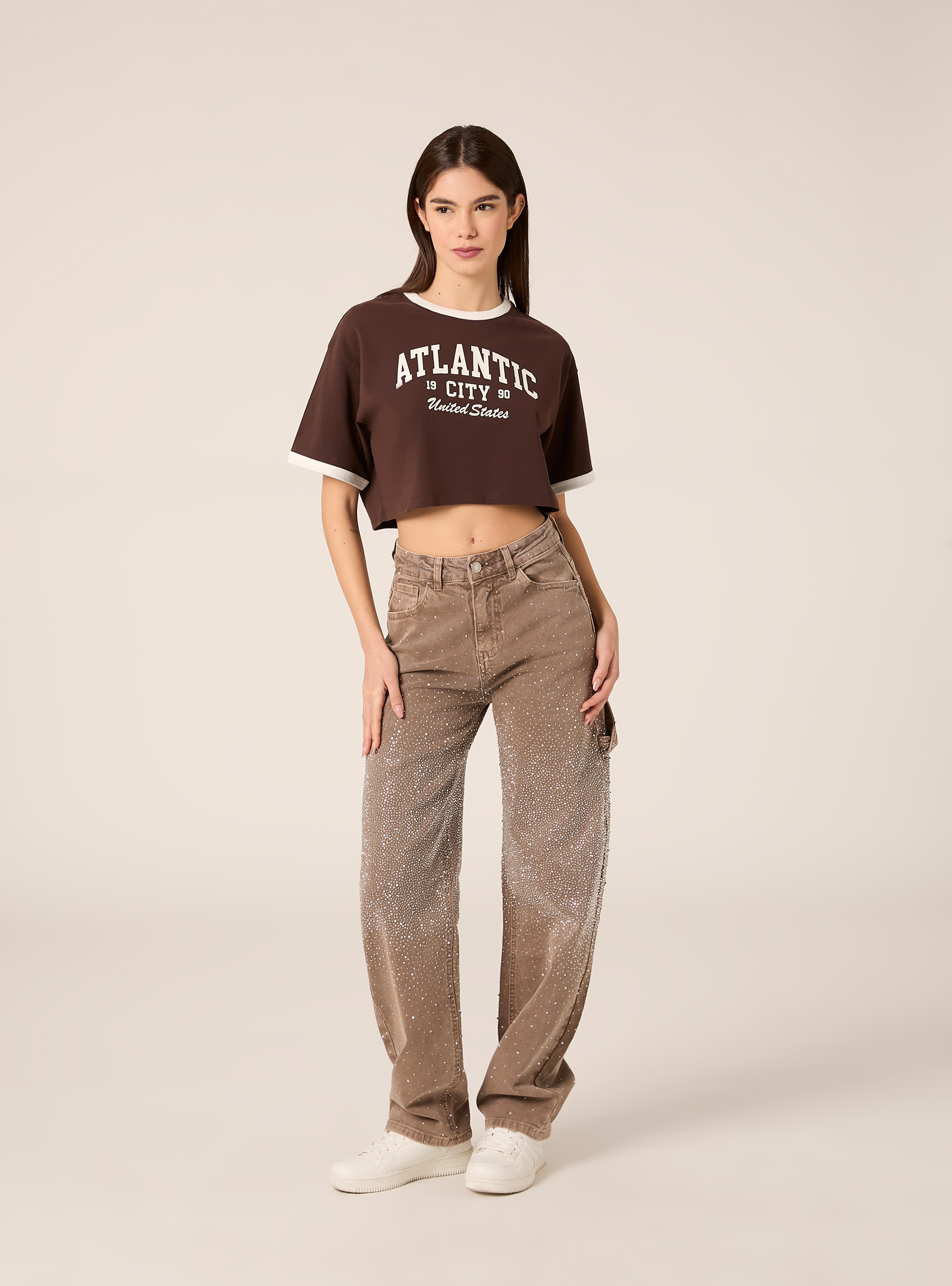 T-shirt crop stampa college, BR1 BROWN DARK