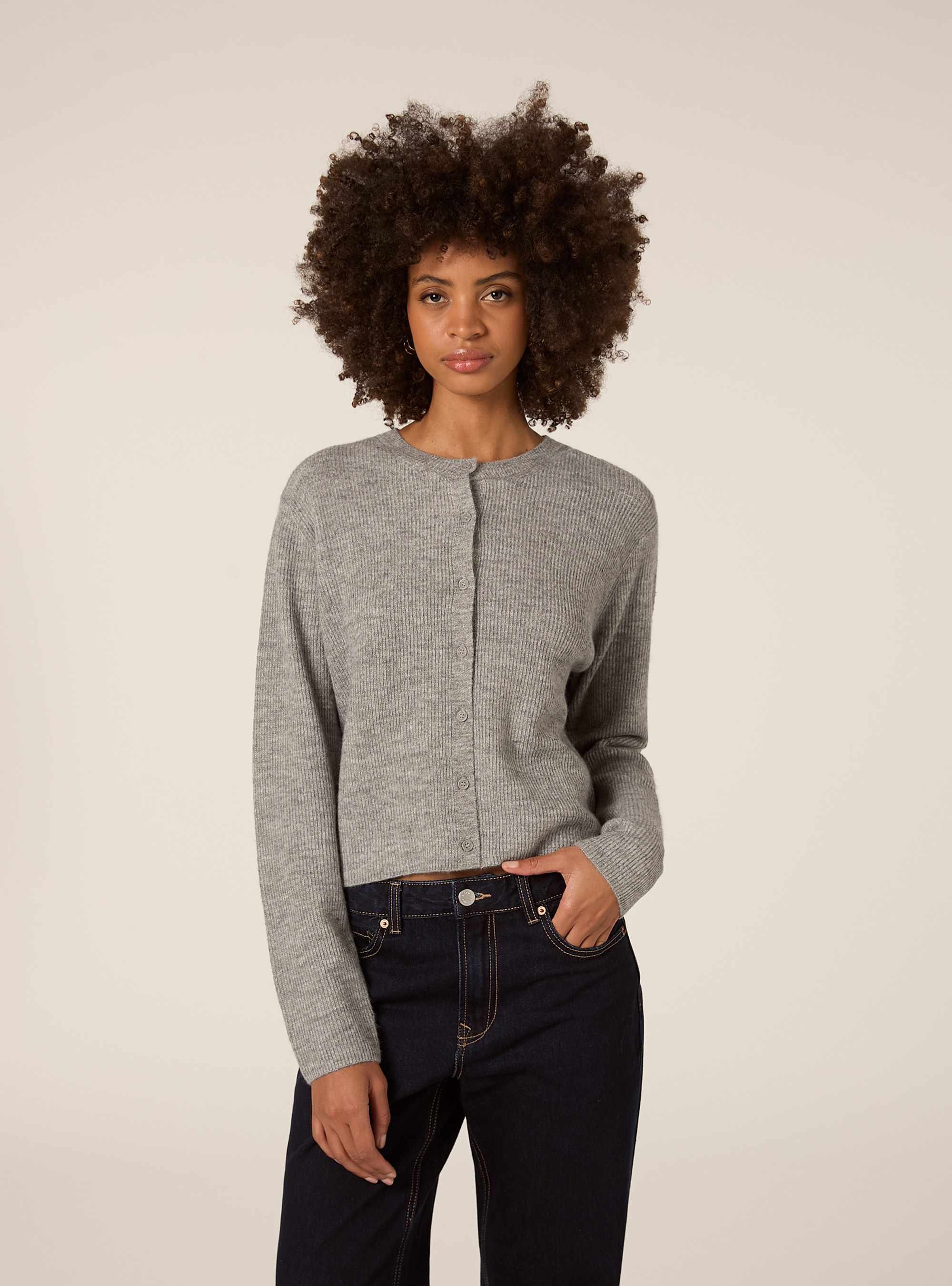 Cárdigan de punto acanalado con botones, MGY2 GREY MEL MEDIUM