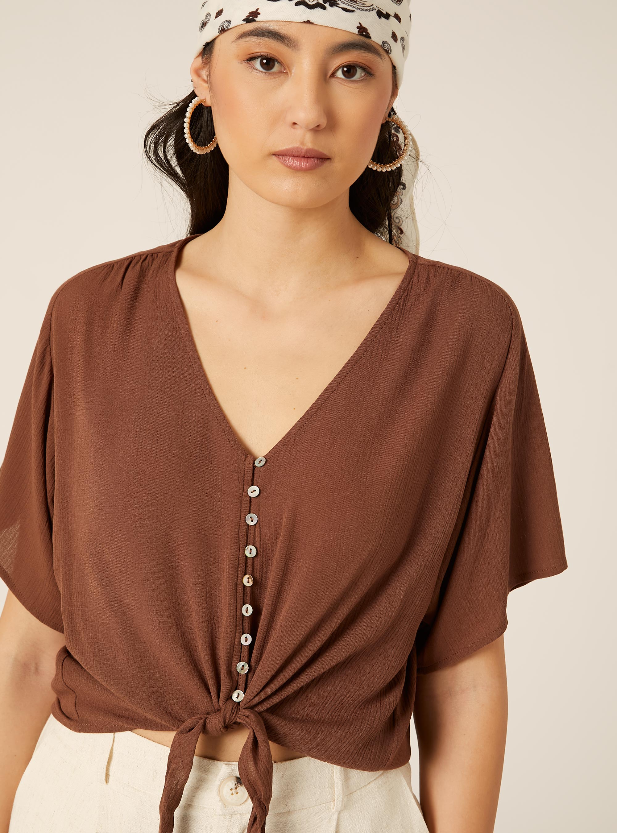 Camicia con nodo in crepe, BR2 BROWN MEDIUM