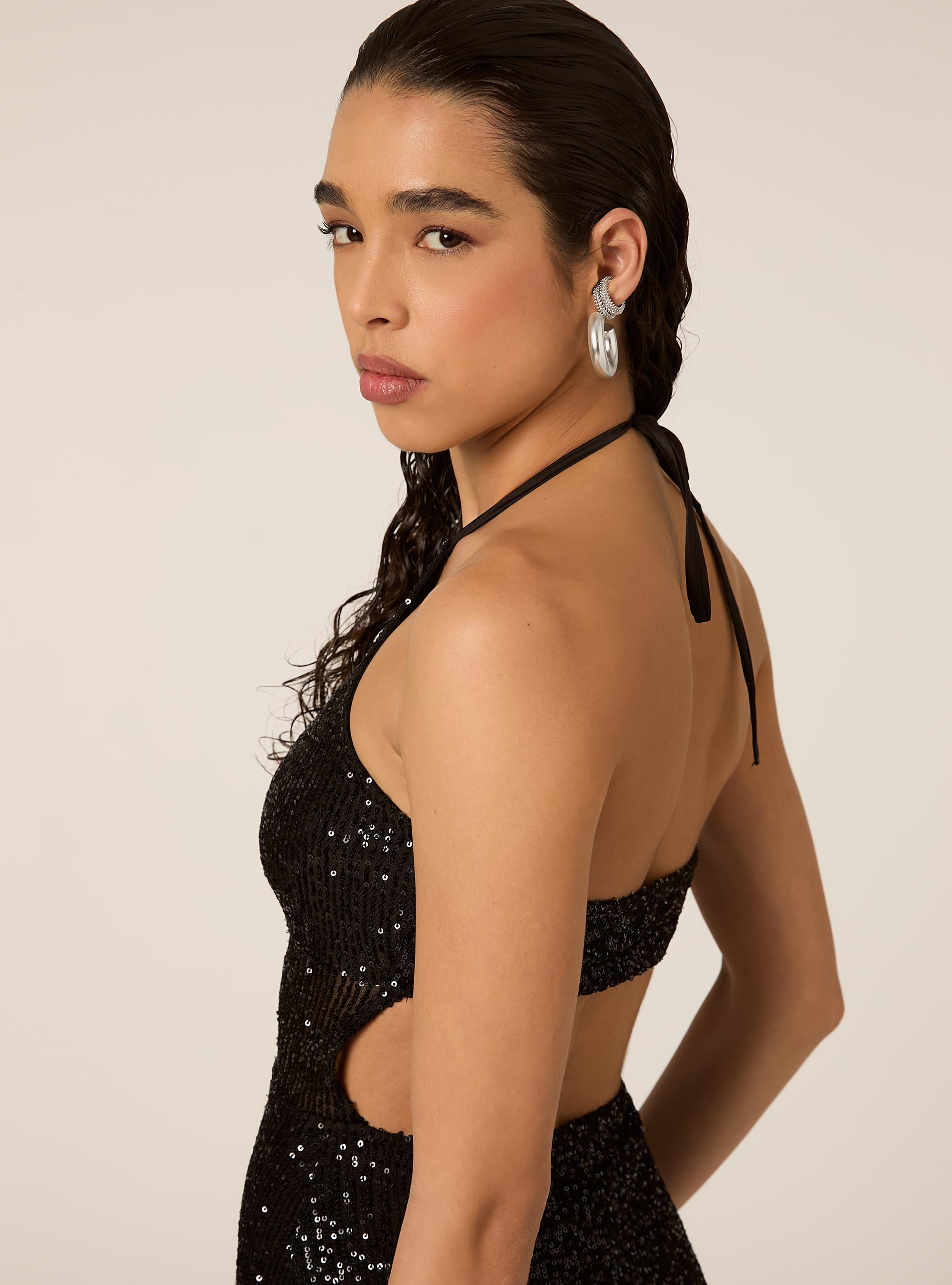 Sequin dress with halter neckline, BK1 BLACK