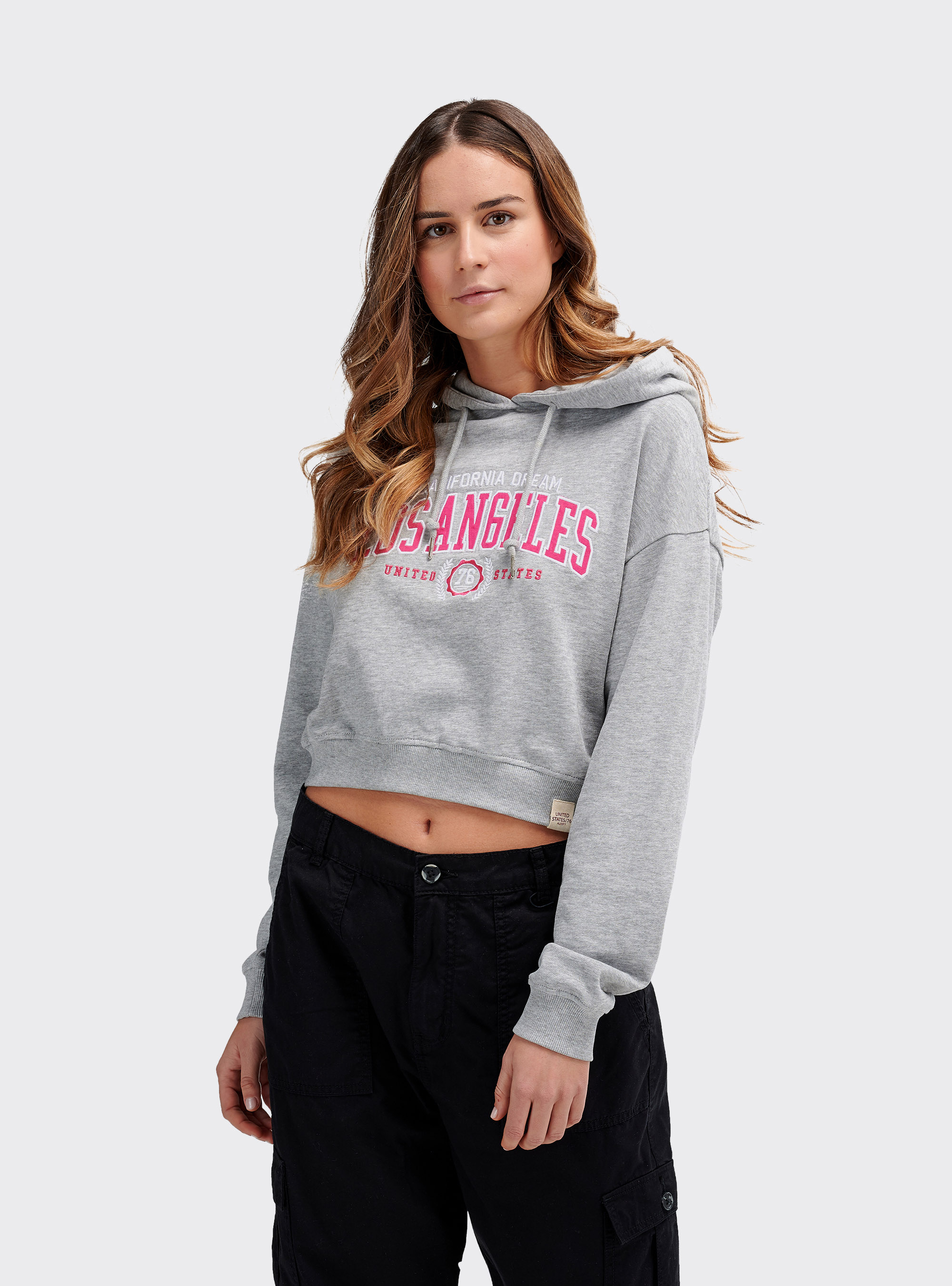 Felpa cropped con cappuccio e stampa, GRIGIO CHIARO MELANGE