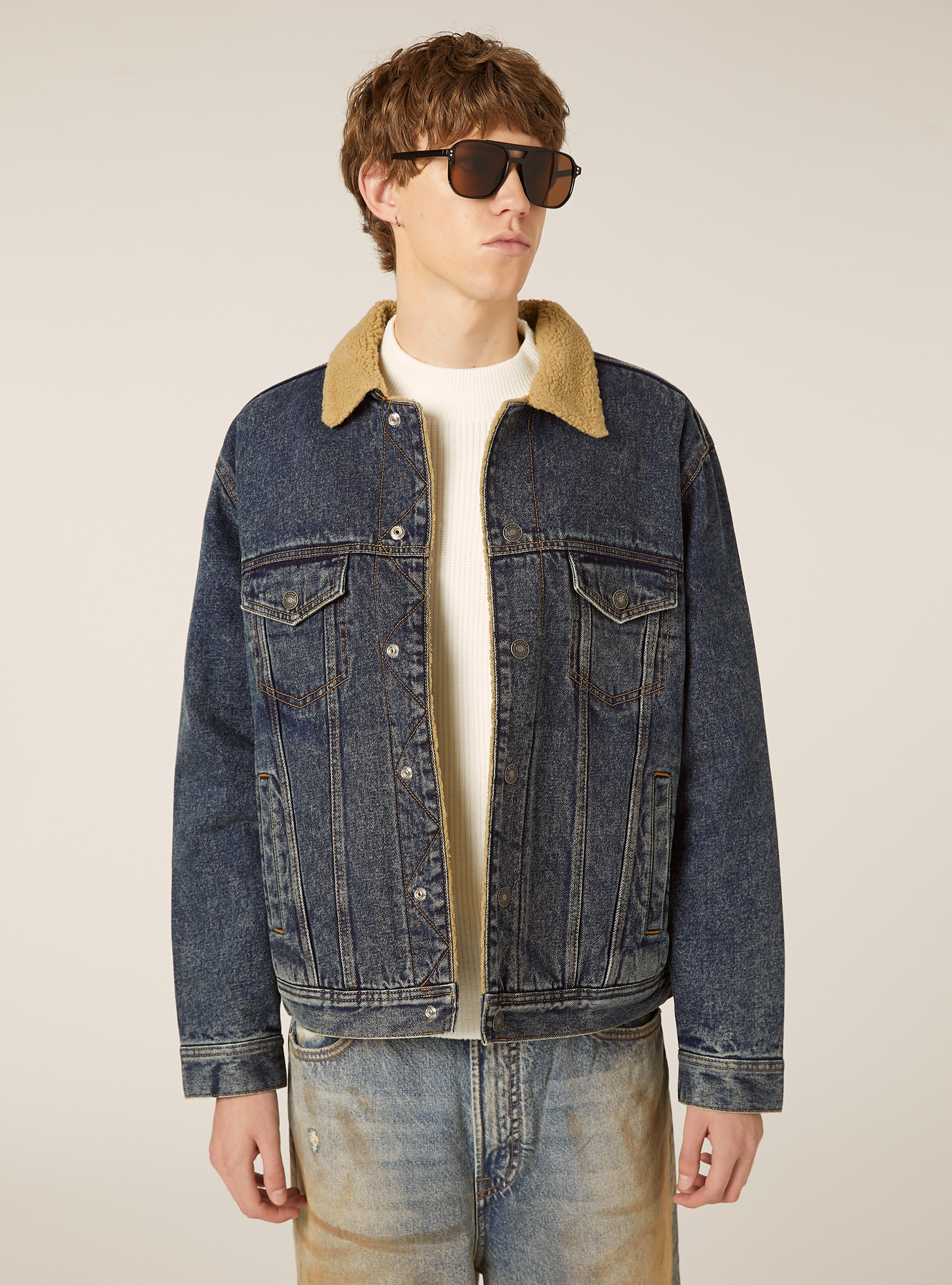 Giubbotto denim con agnellato, D003 MEDIUM BLUE