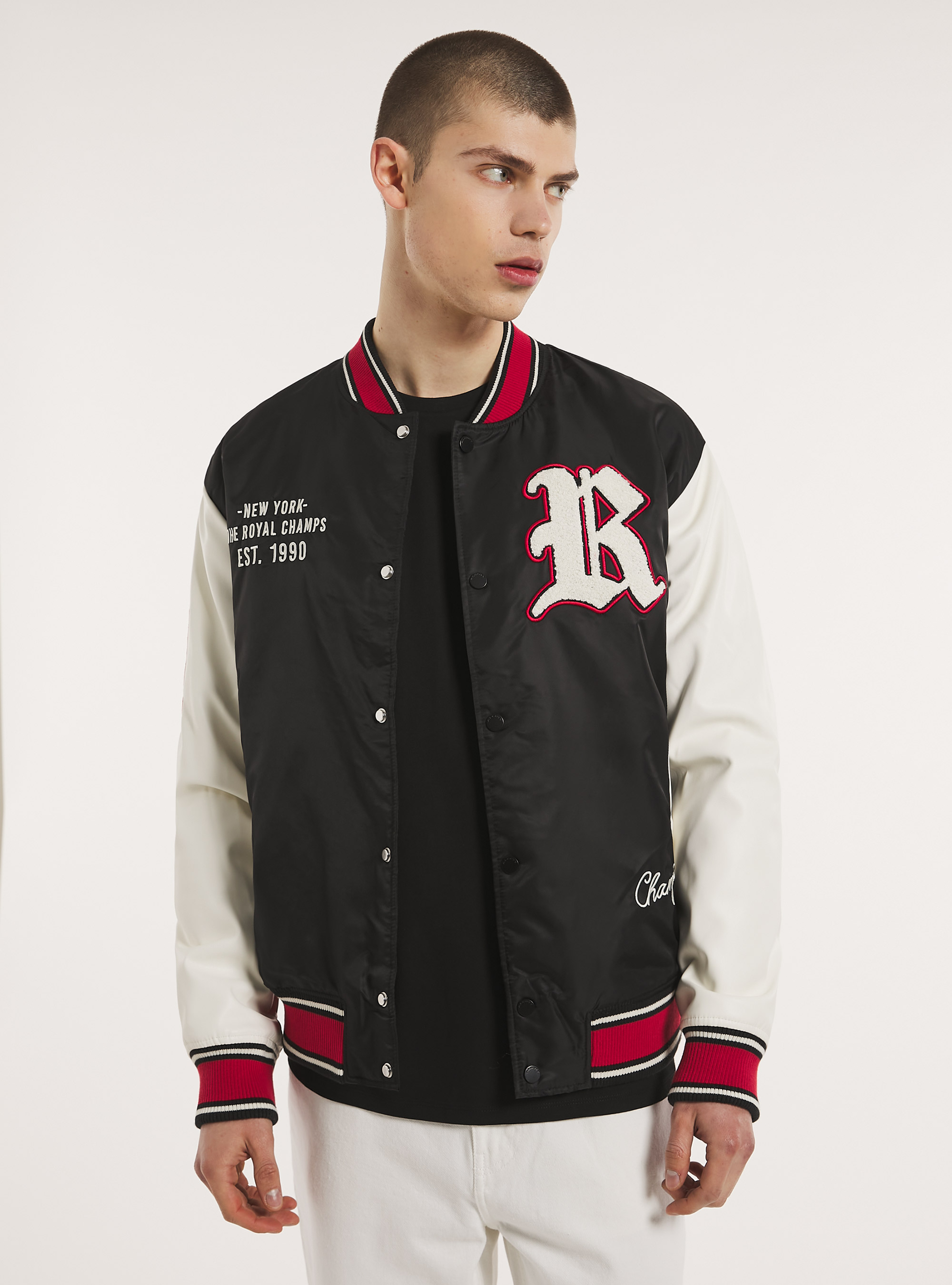 Varsity bomber jacket with patch, BK1 BLACK