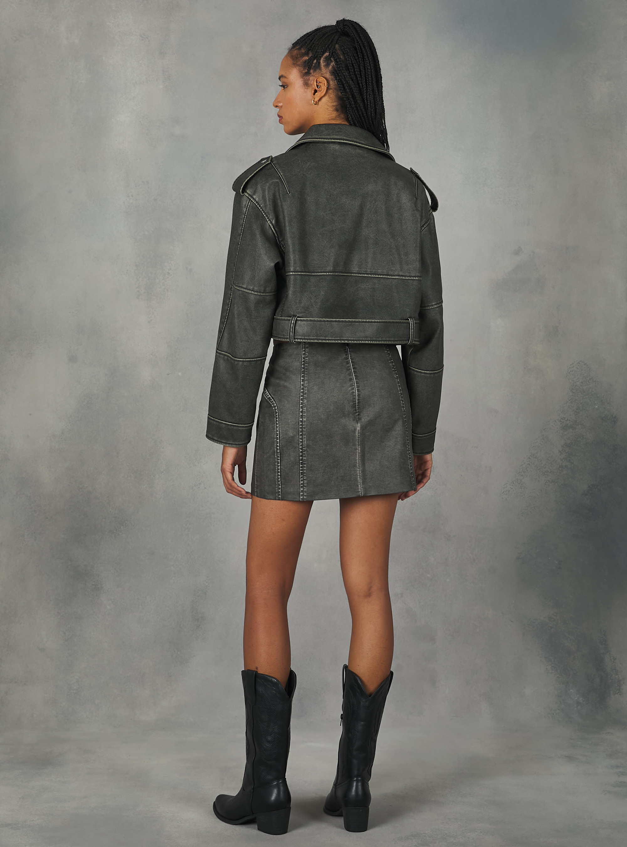 Worn leather effect biker jacket, BK3 BLACK CHARCOAL