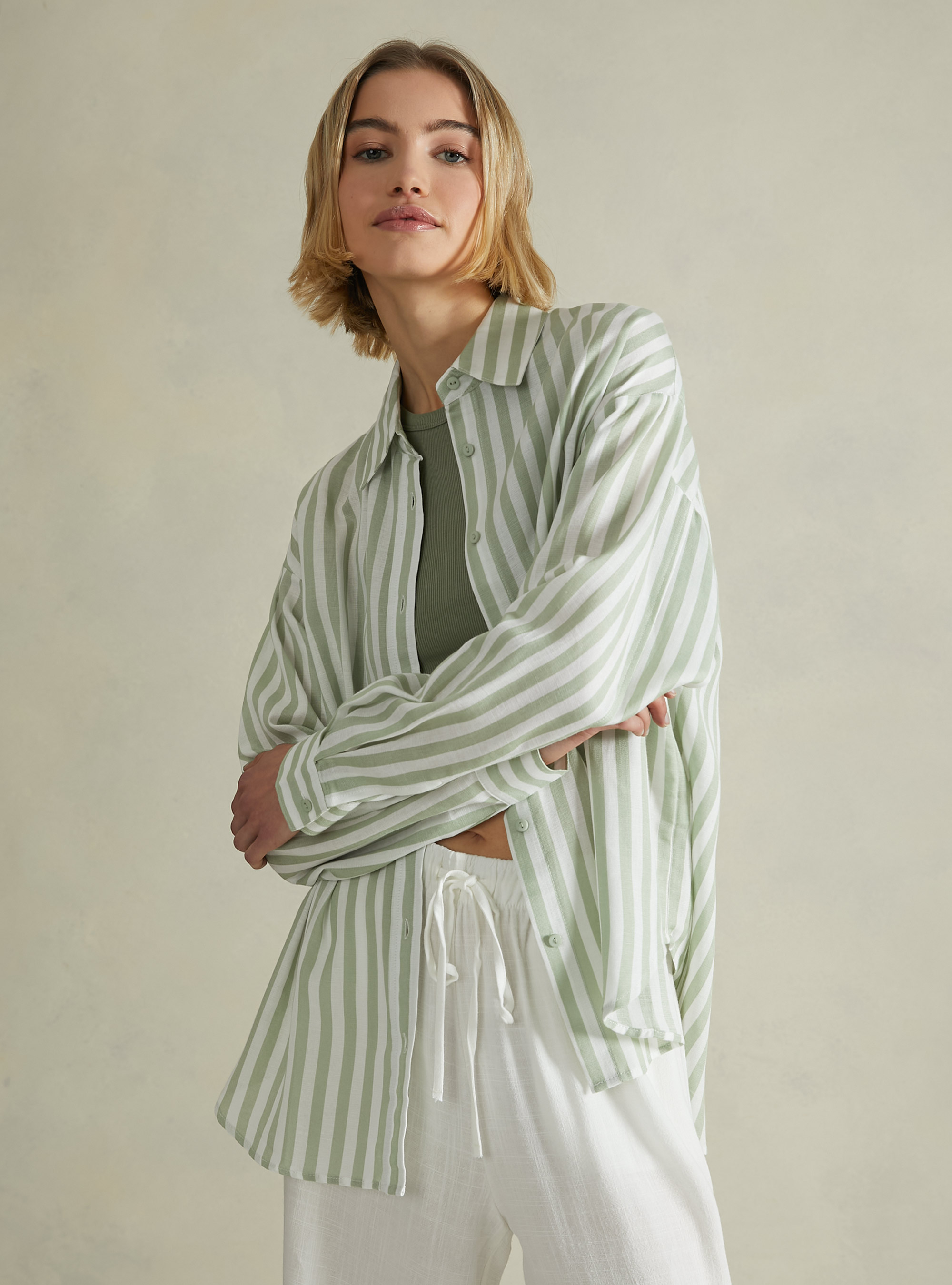 Camisa a rayas en mezcla de lino, KY3 KAKY LIGHT