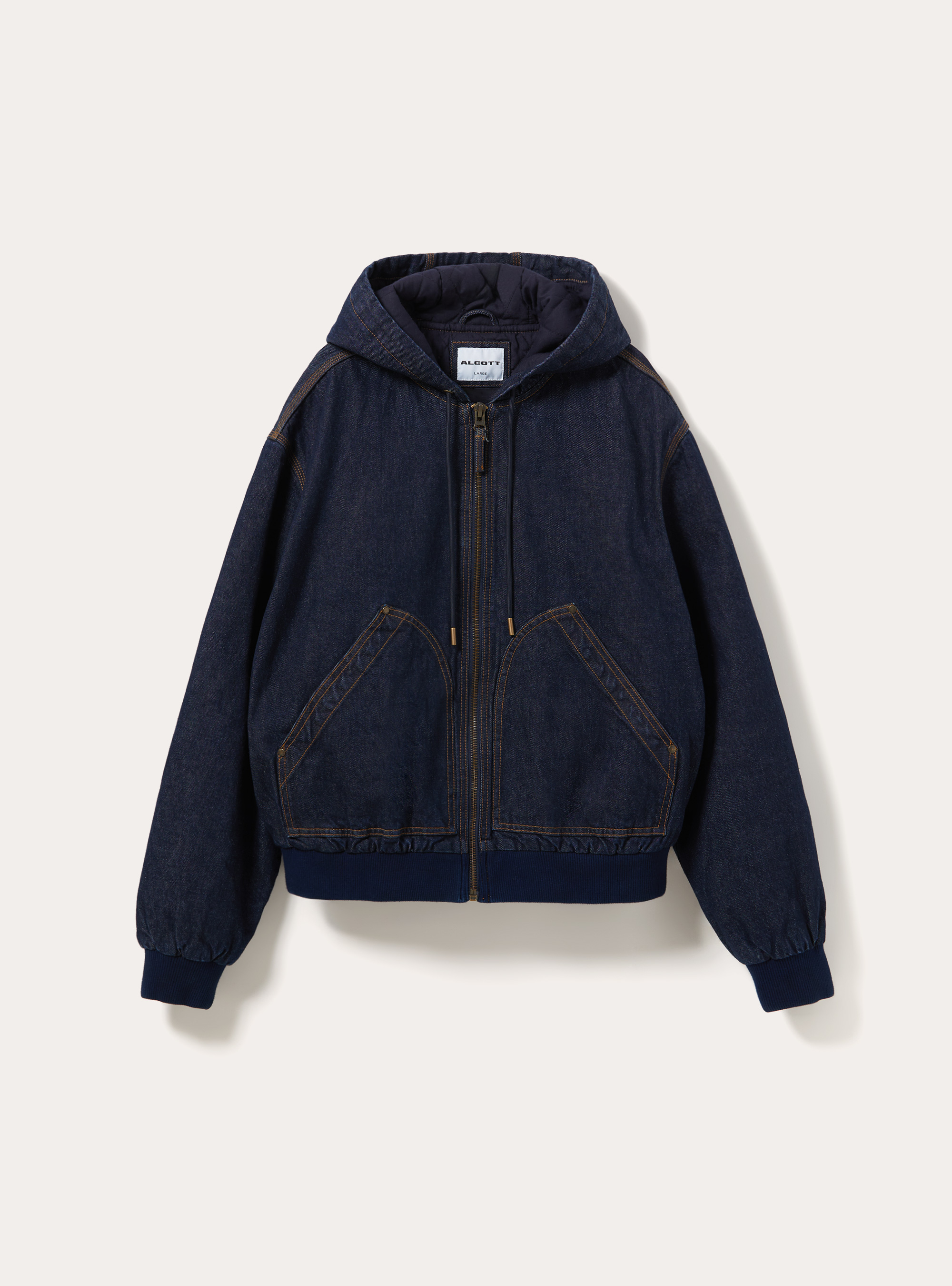Giacca imbottita con cappuccio in denim, D001 DEEP BLUE