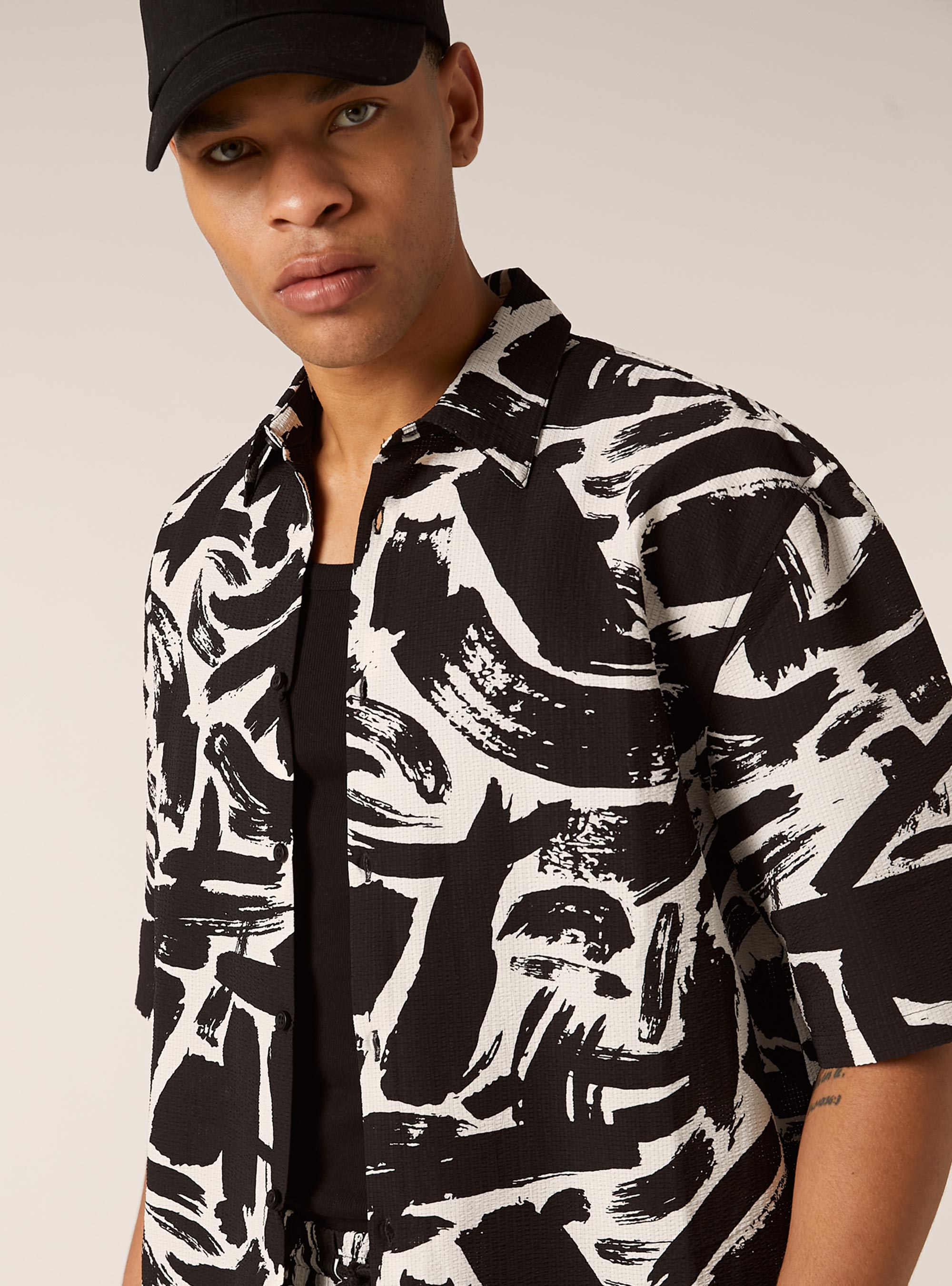 Chemise en seersucker imprim&eacute;, BK1 BLACK