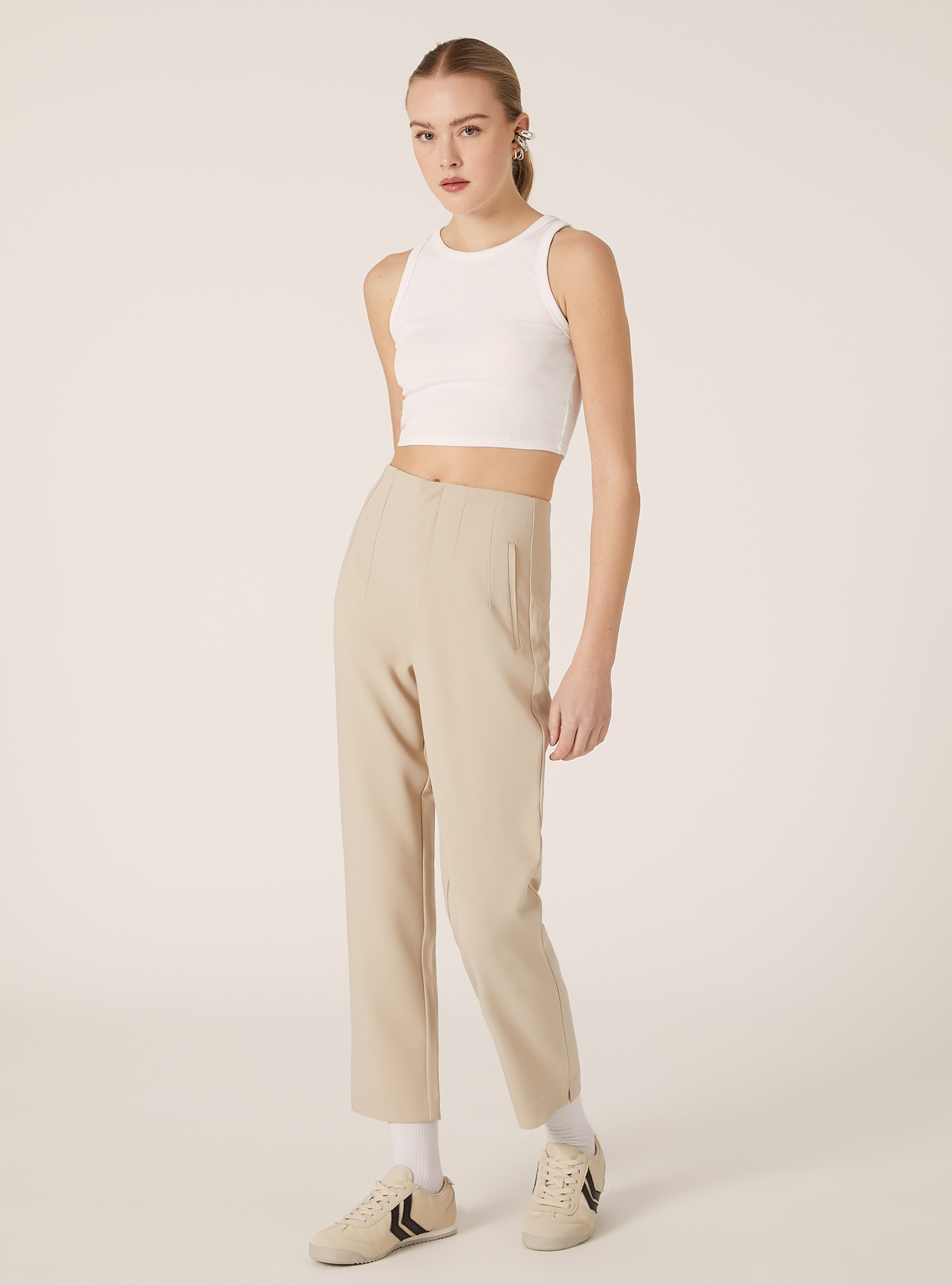 Pantalon uni &agrave; plis, BG3 BEIGE LIGHT