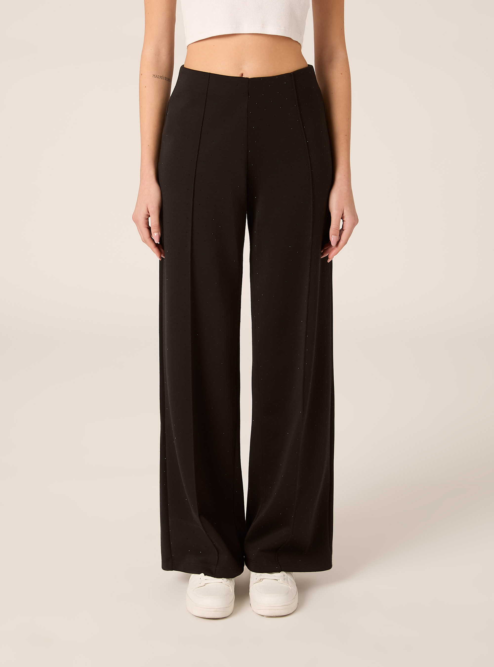 Pantaloni con nervatura in scuba con strass, BK1 BLACK