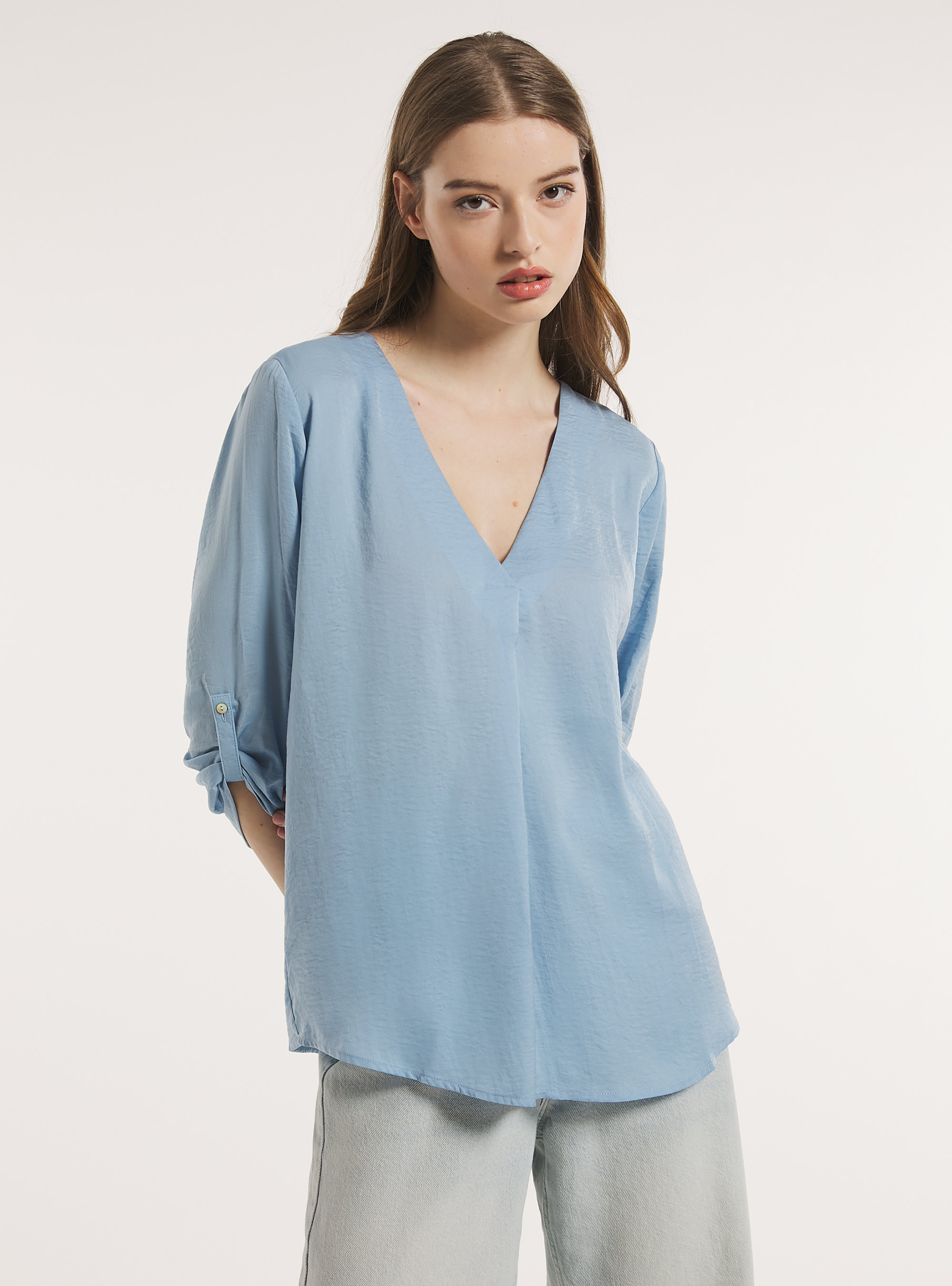 Chemisier uni avec encolure, AZ3 AZURE LIGHT