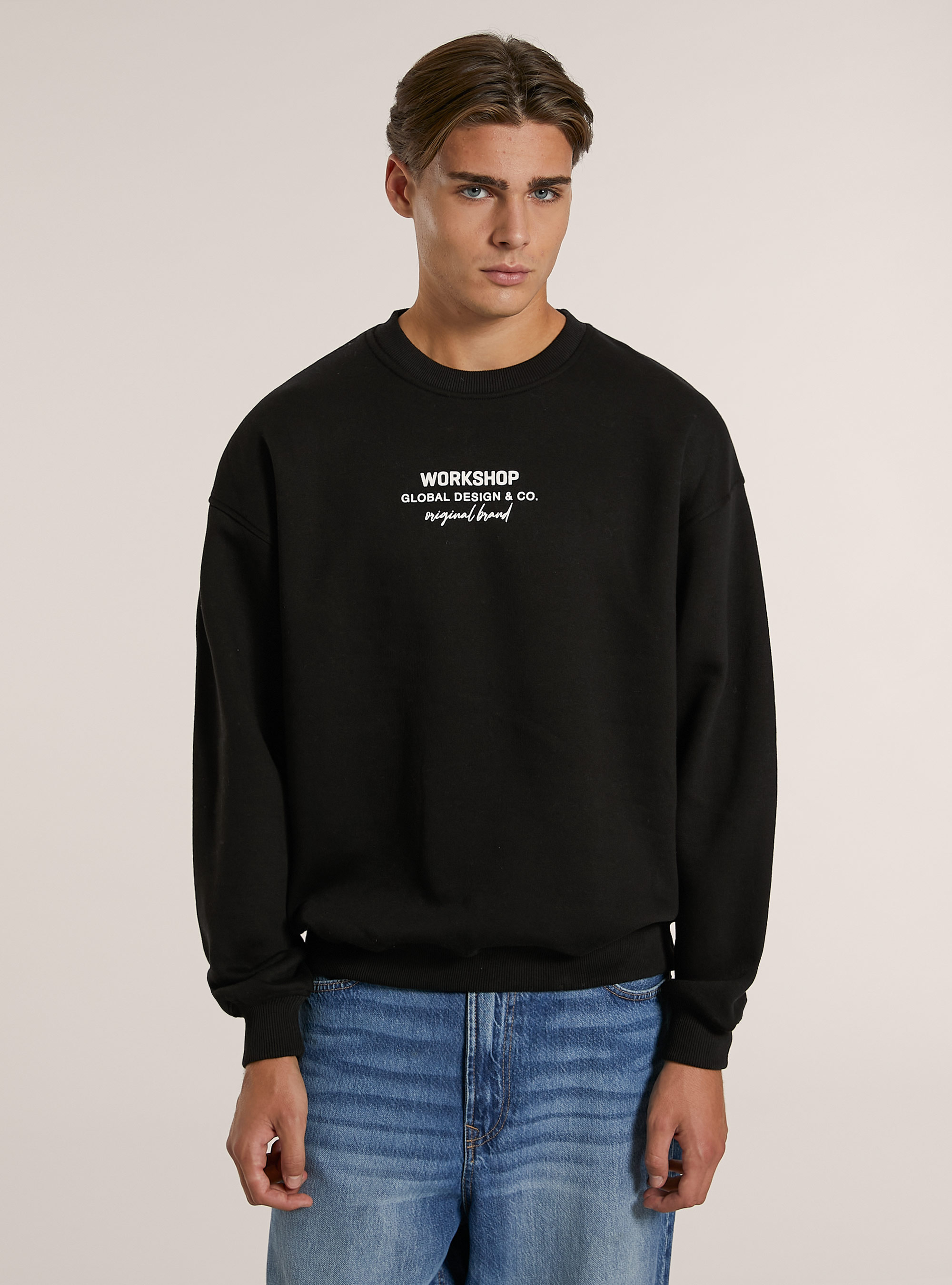 Boxy fit sweatshirt with Workshop print, BK1 BLACK