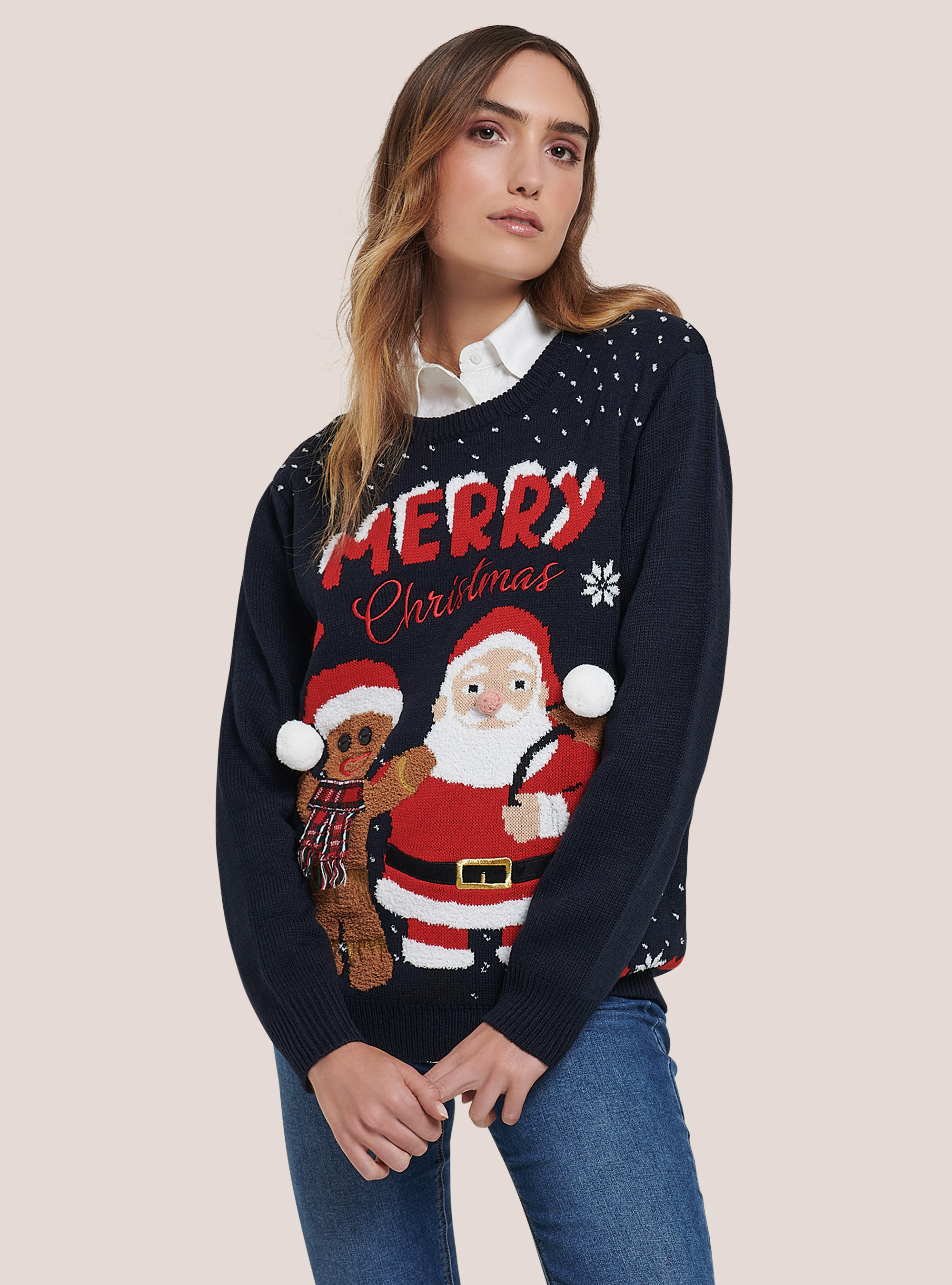 Christmas pullover with gingerbread man and Santa Claus, BLUE NAVY