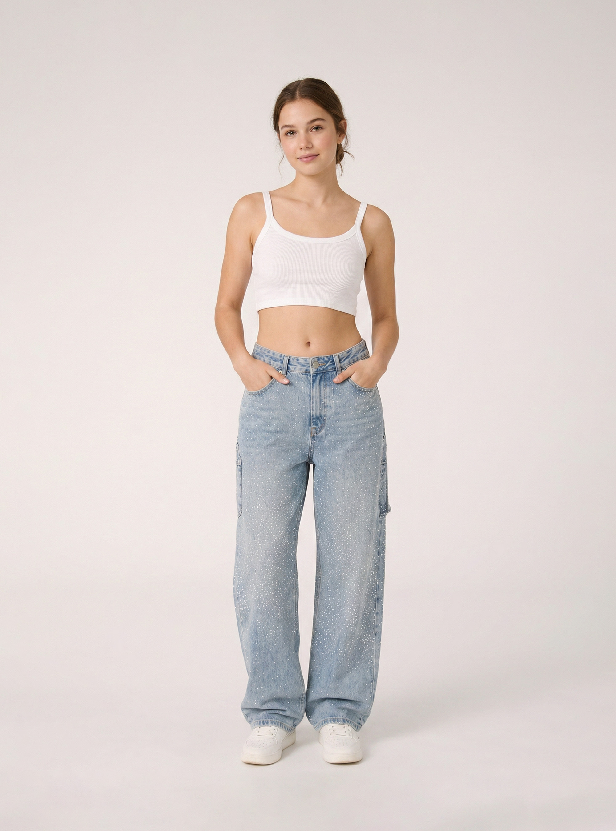 Baggy-Jeans im Carpenter-Stil mit Strasssteinen, D006 AZURE