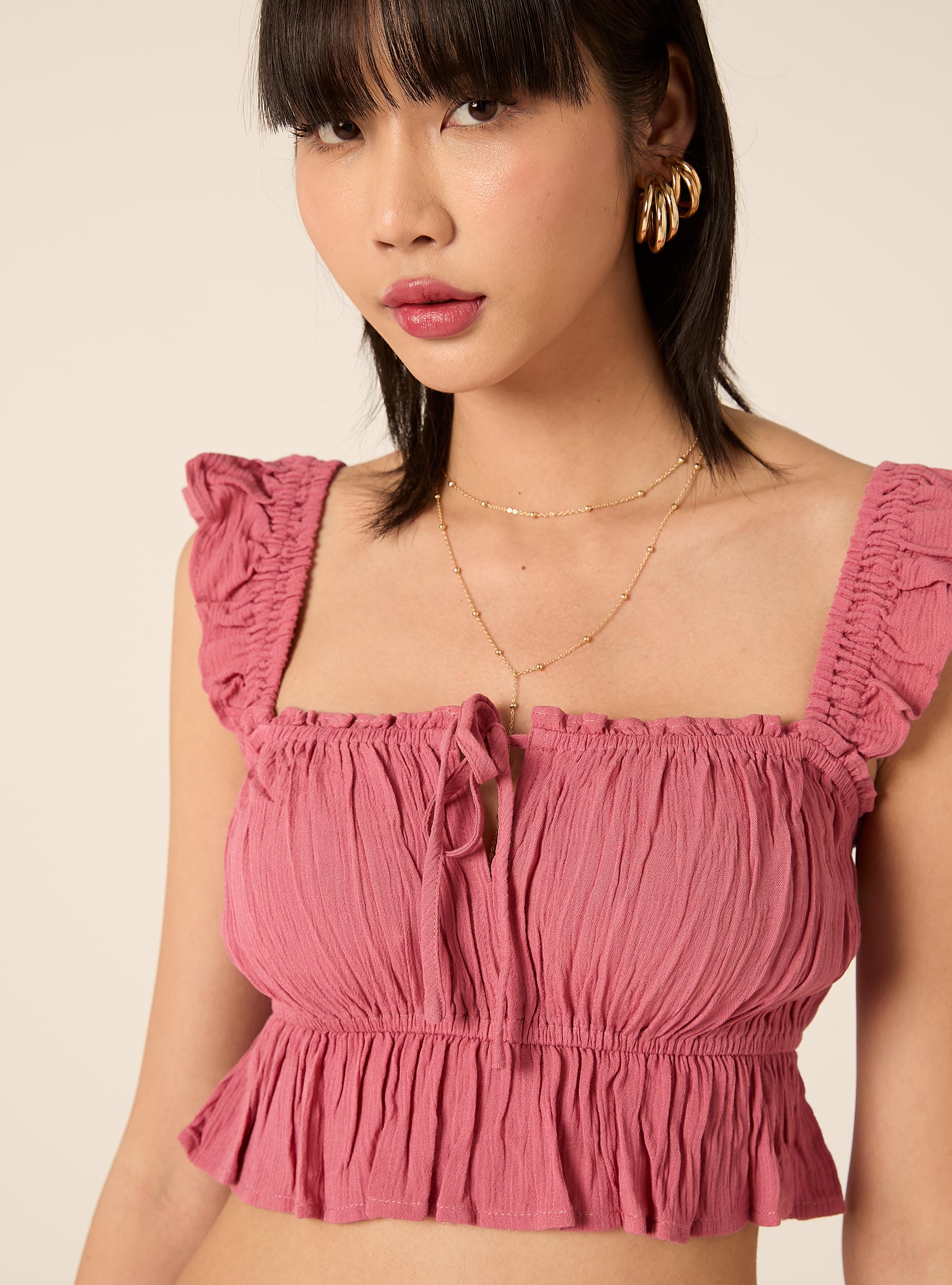 Top in crepe con volant, PK1 PINK DARK