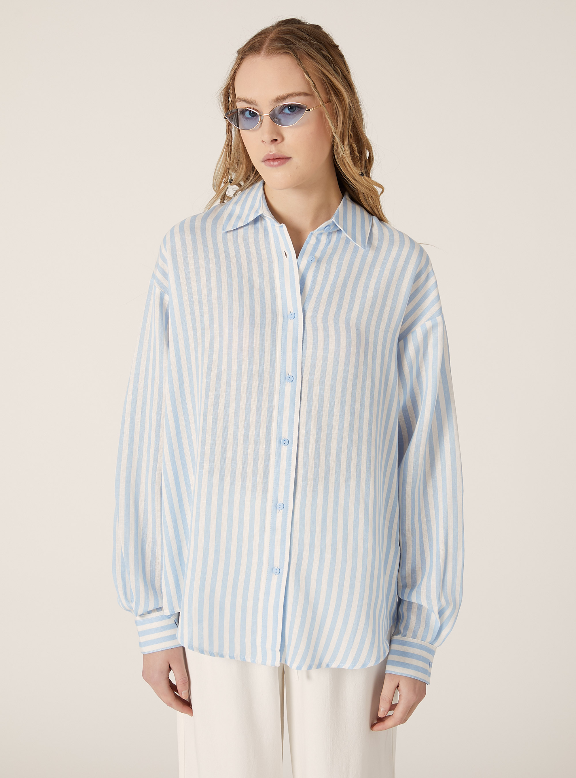 Camisa de rayas en mezcla de lino, AZ3 AZURE LIGHT