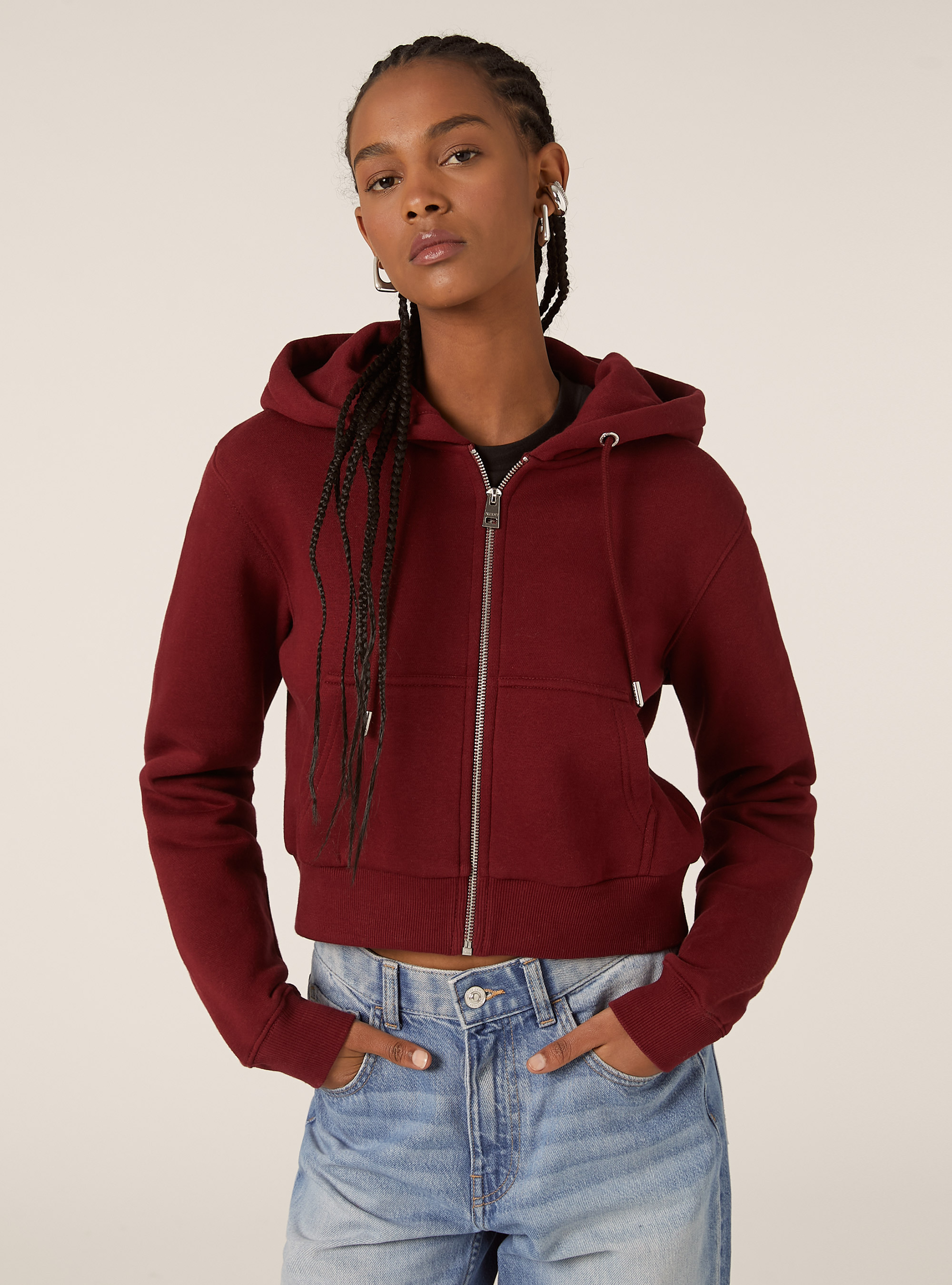 Sweat à capuche zippé court, BO1 BORDEAUX DARK