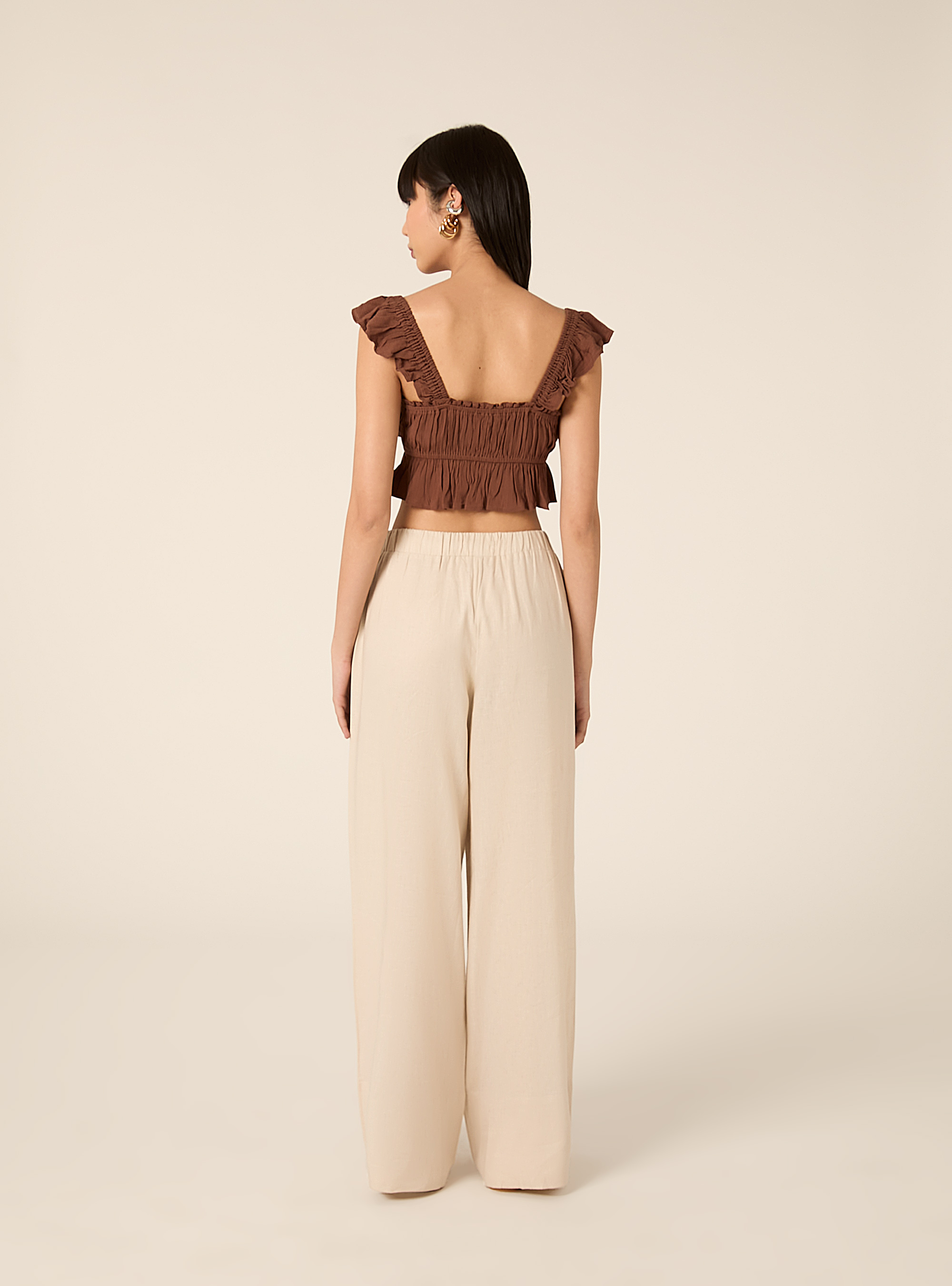 Pantaloni lunghi loose fit in misto lino, BEIGE MEDIO