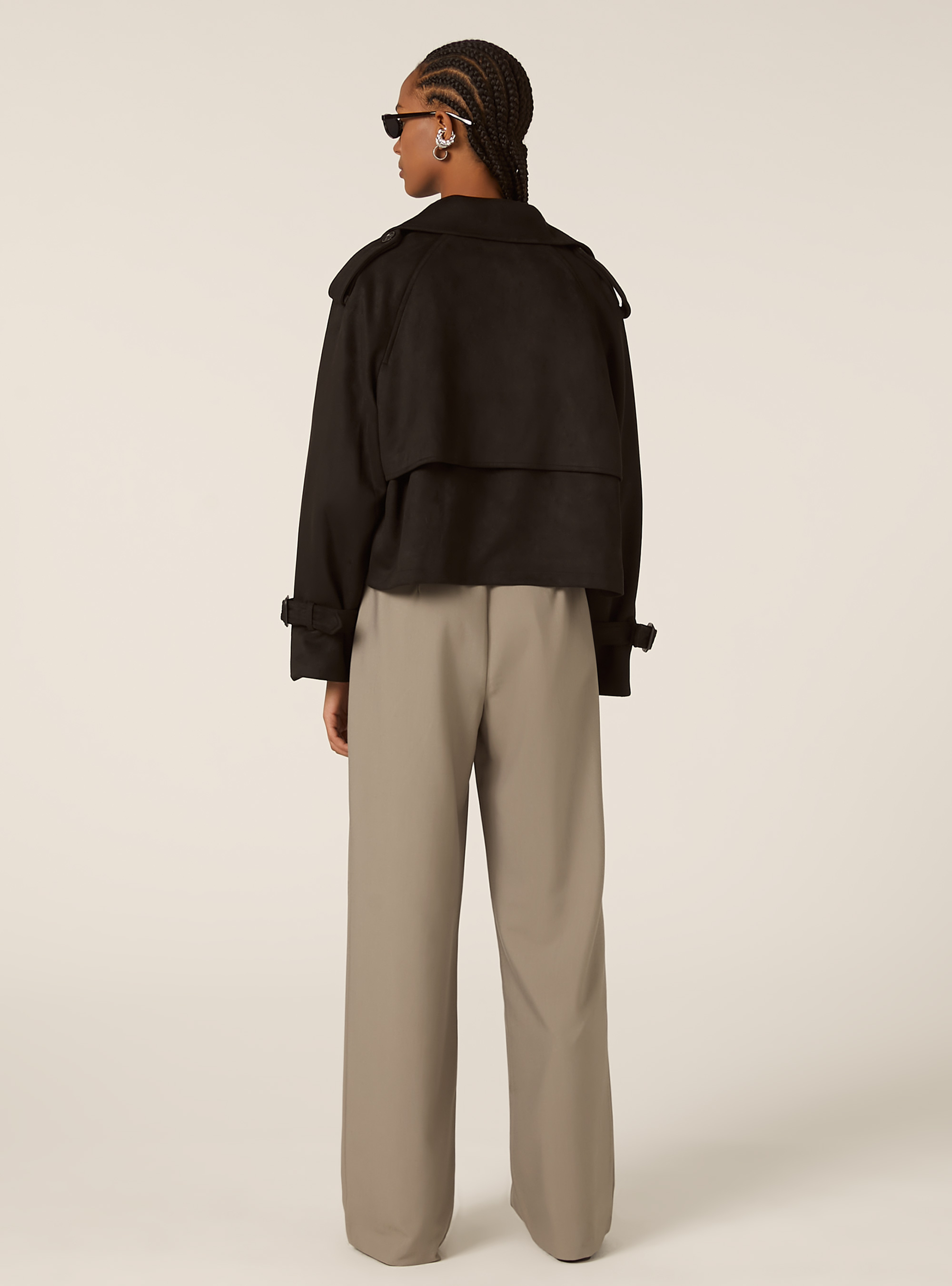 Cropped suede-effect trench coat, BK1 BLACK