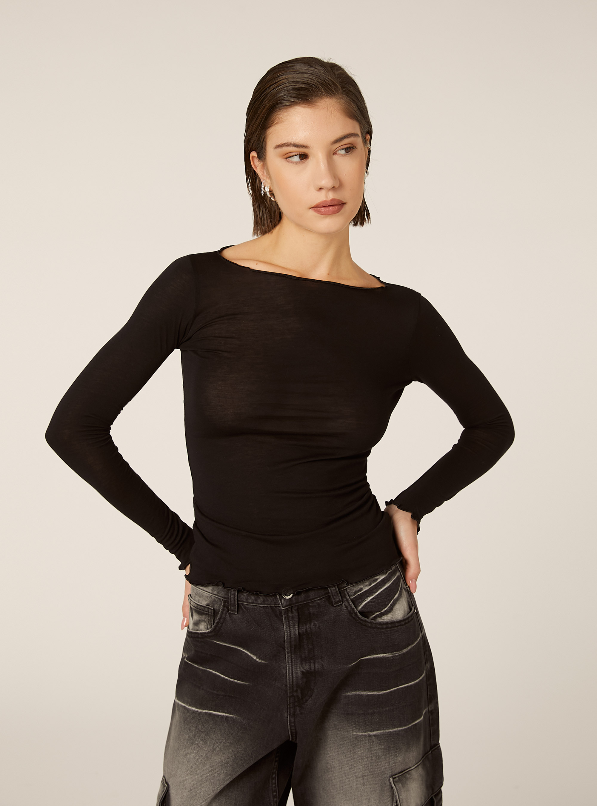 Camiseta de manga larga en mezcla de lana, BK1 BLACK