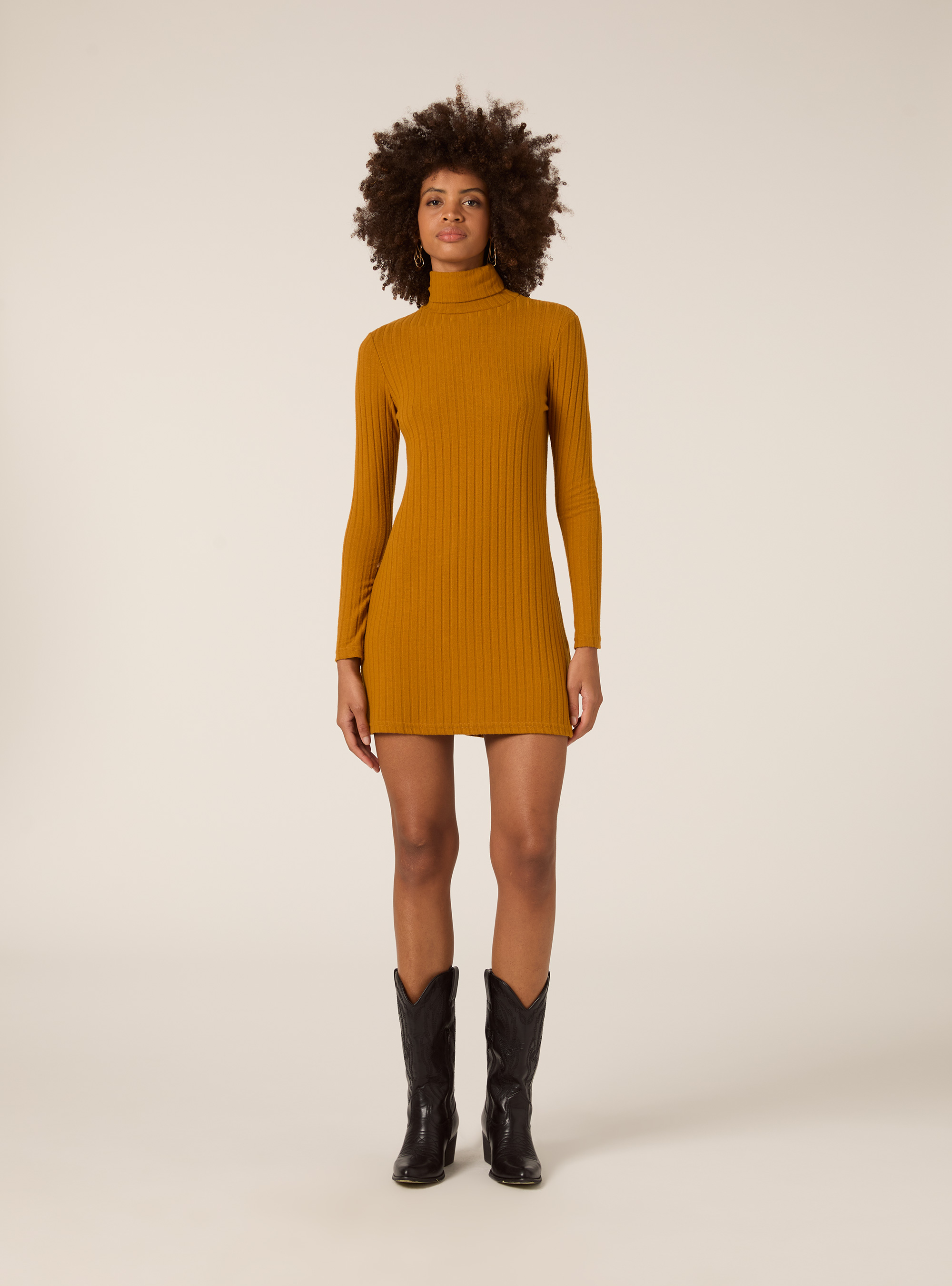 SHORT DRESS WITH HIGH RIBBED COLLAR, MUSTARD