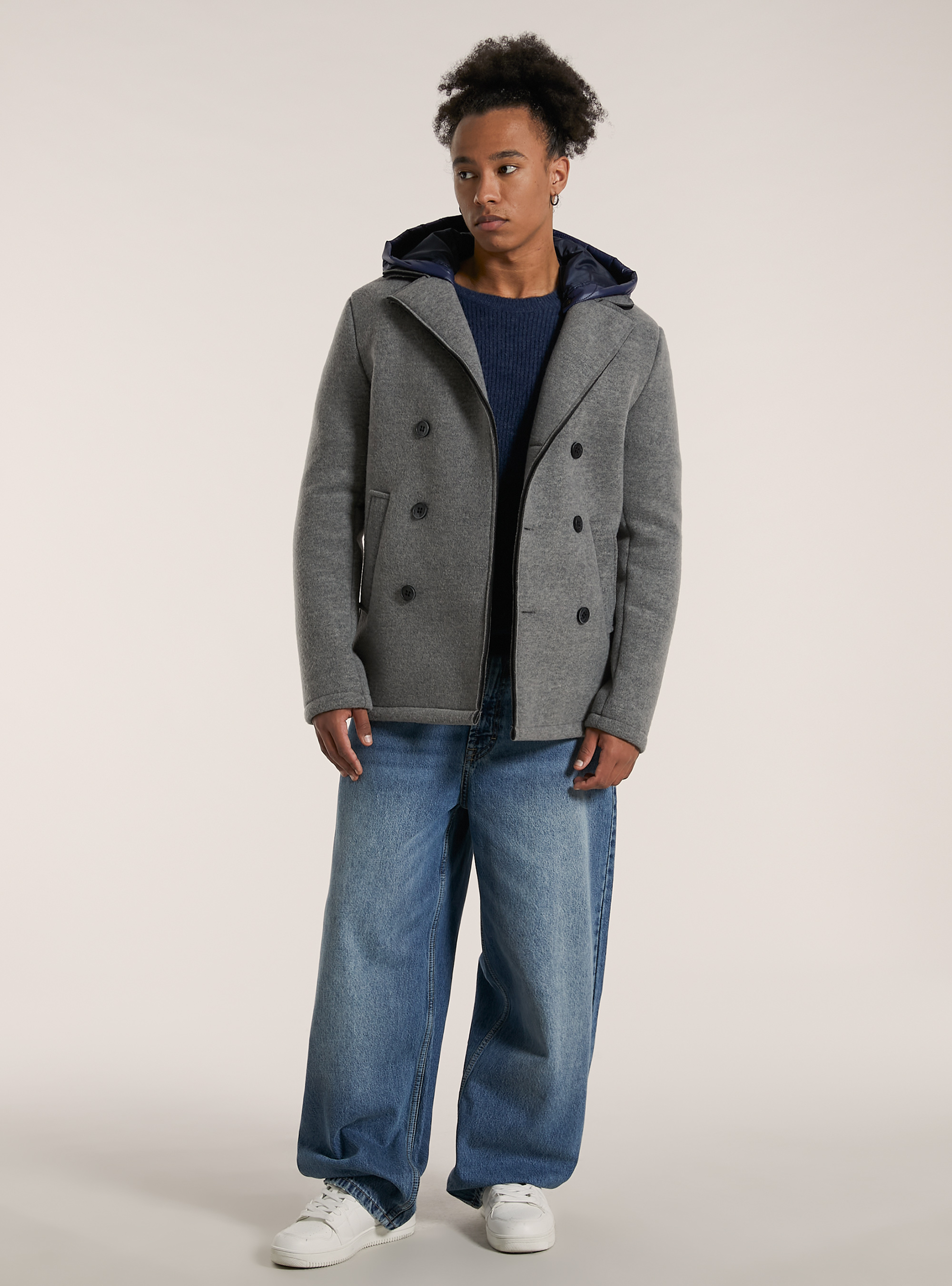 Cappotto doppiopetto con cappuccio trapuntato, MGY3 GREY MEL LIGHT