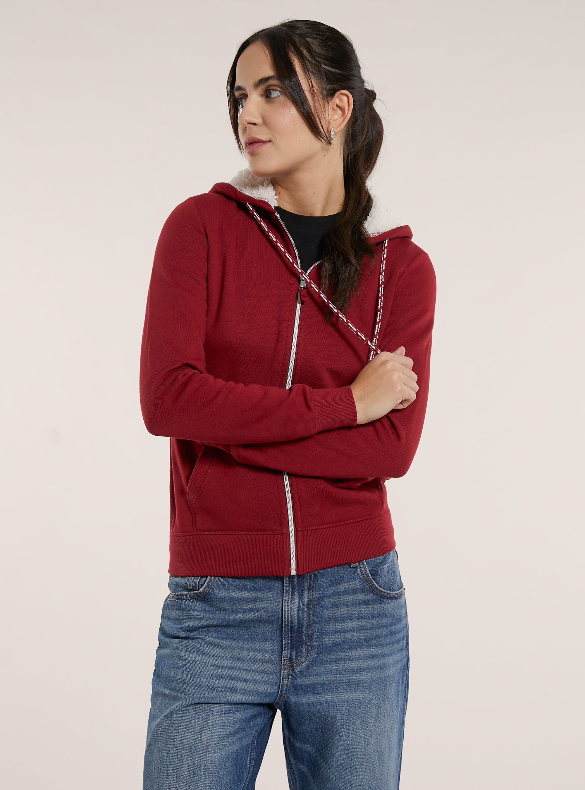 Sweatshirt with zip and faux fur hood, BORDEAUX