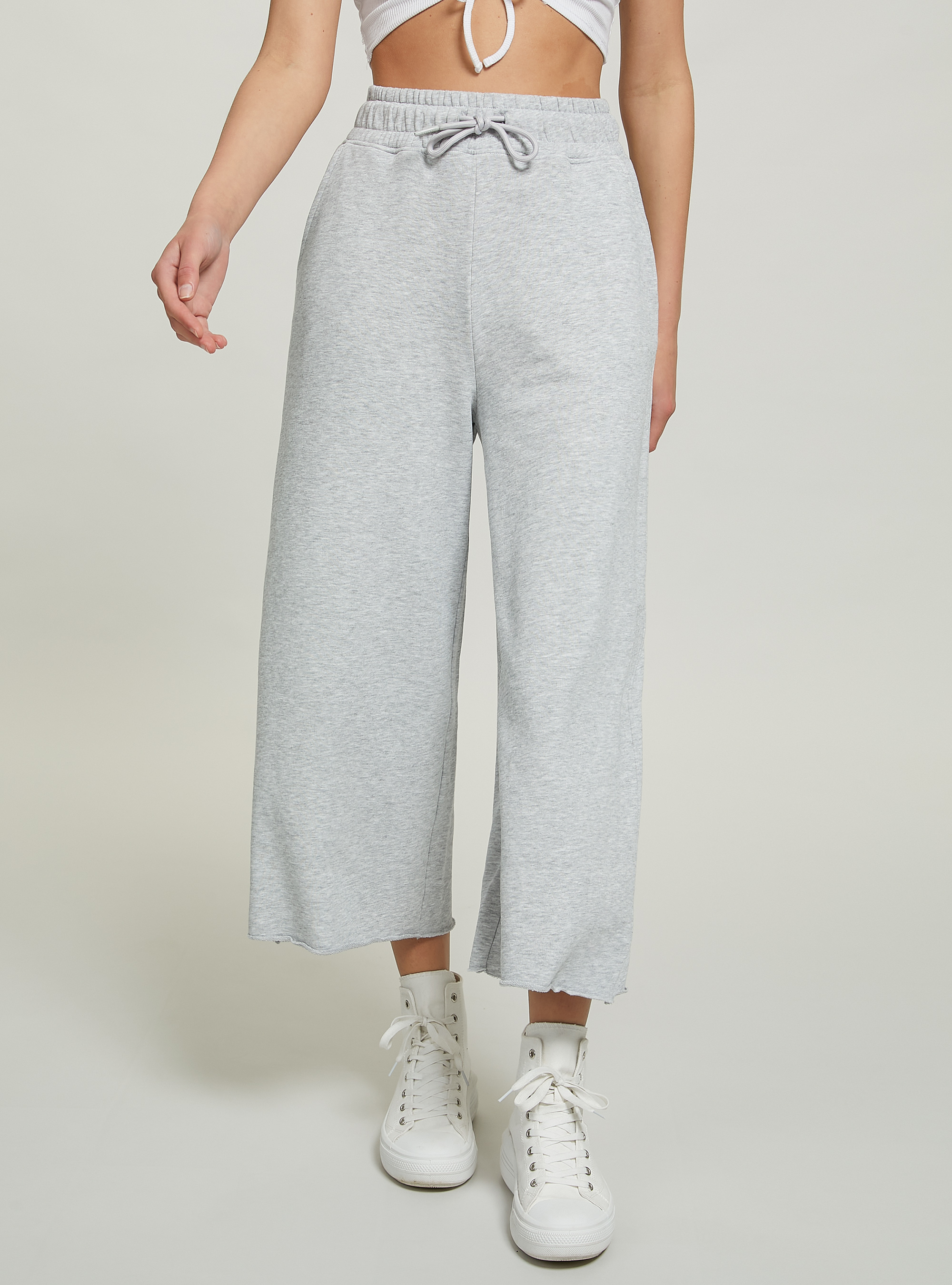 Cropped fleece leggings with elasticated waistband, MGY3 GREY MEL LIGHT