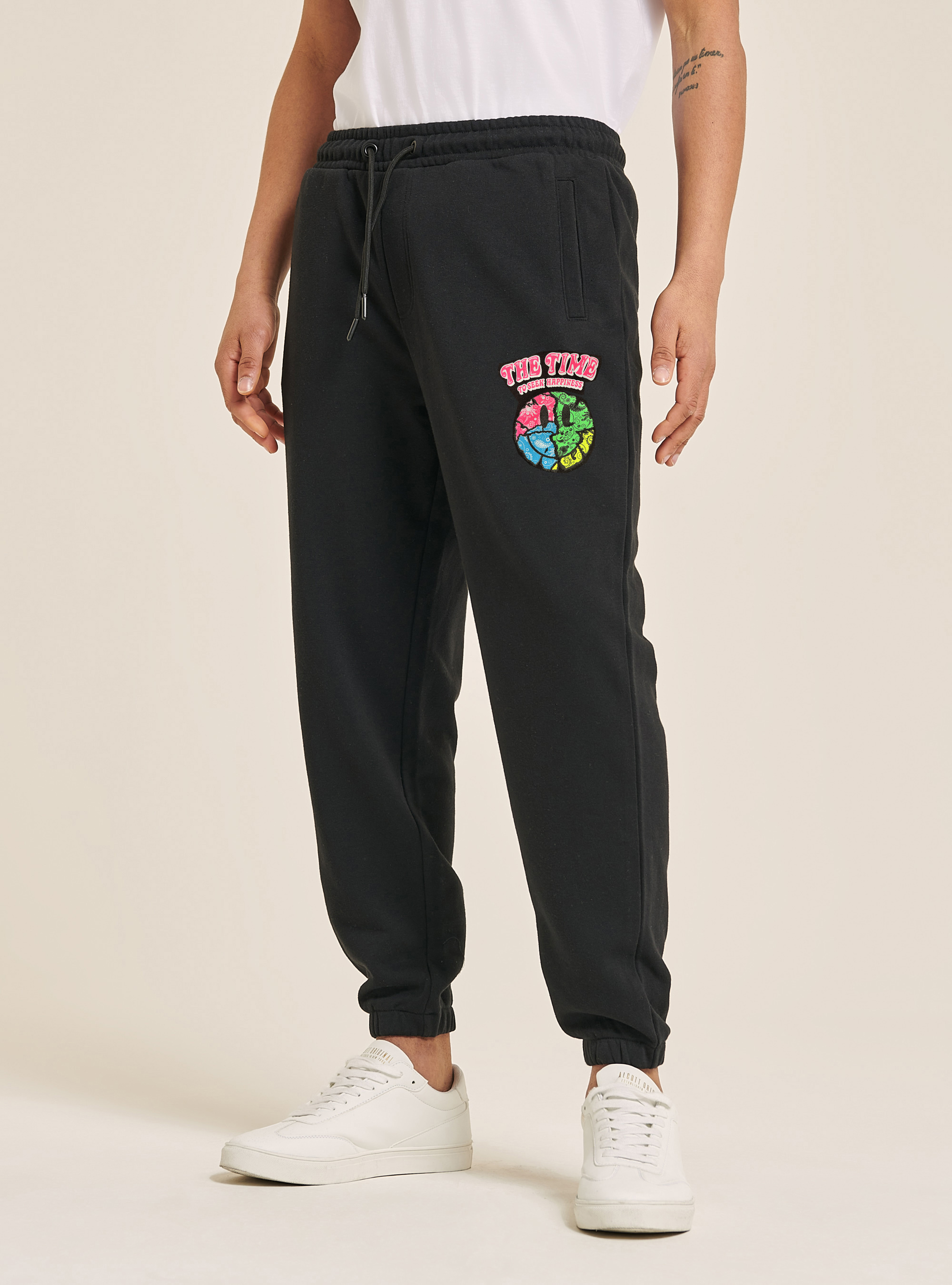 Smile Collection print jogger trousers, BK1 BLACK
