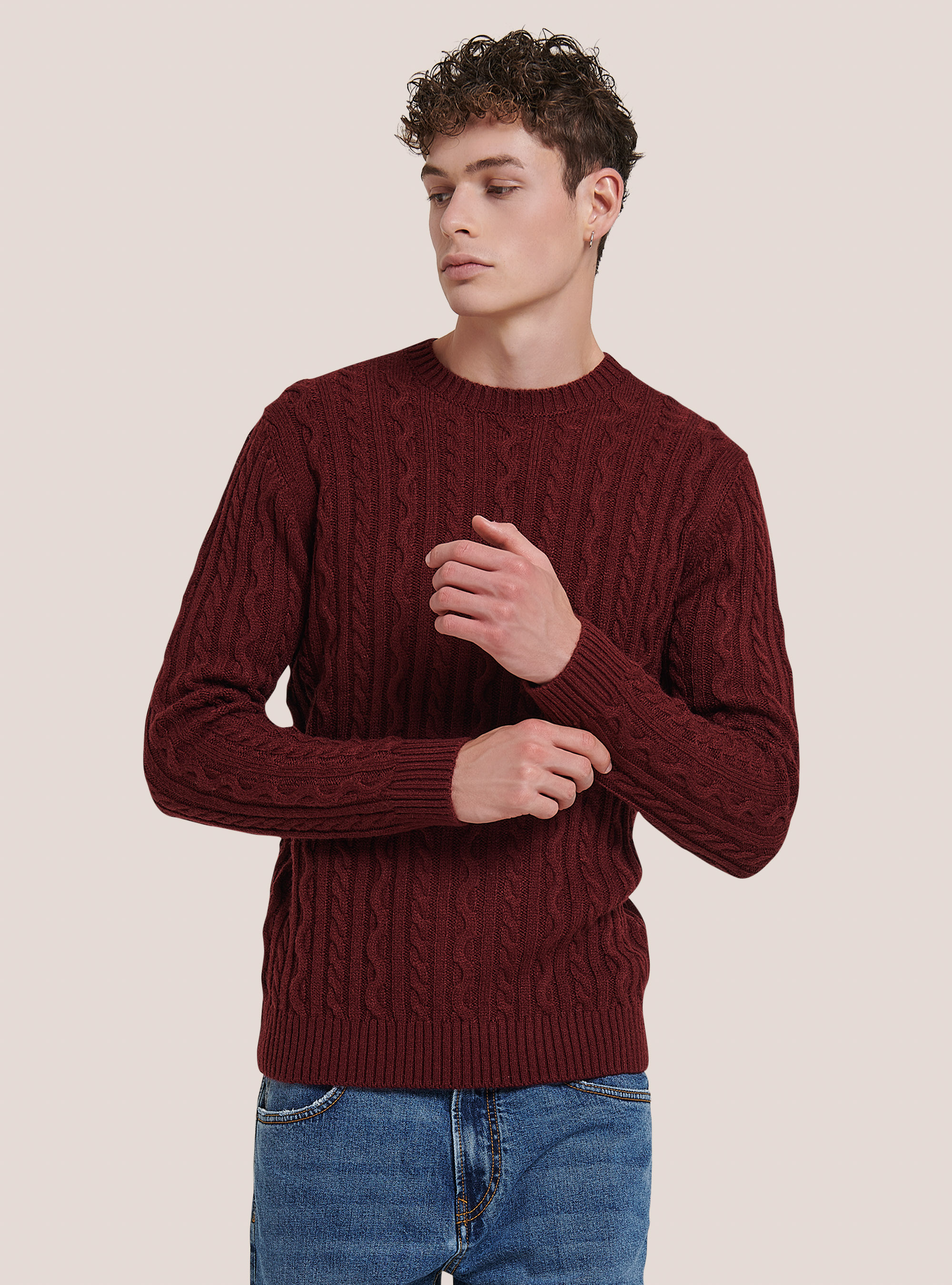 Crew-neck pullover with braids, C3307 WINE