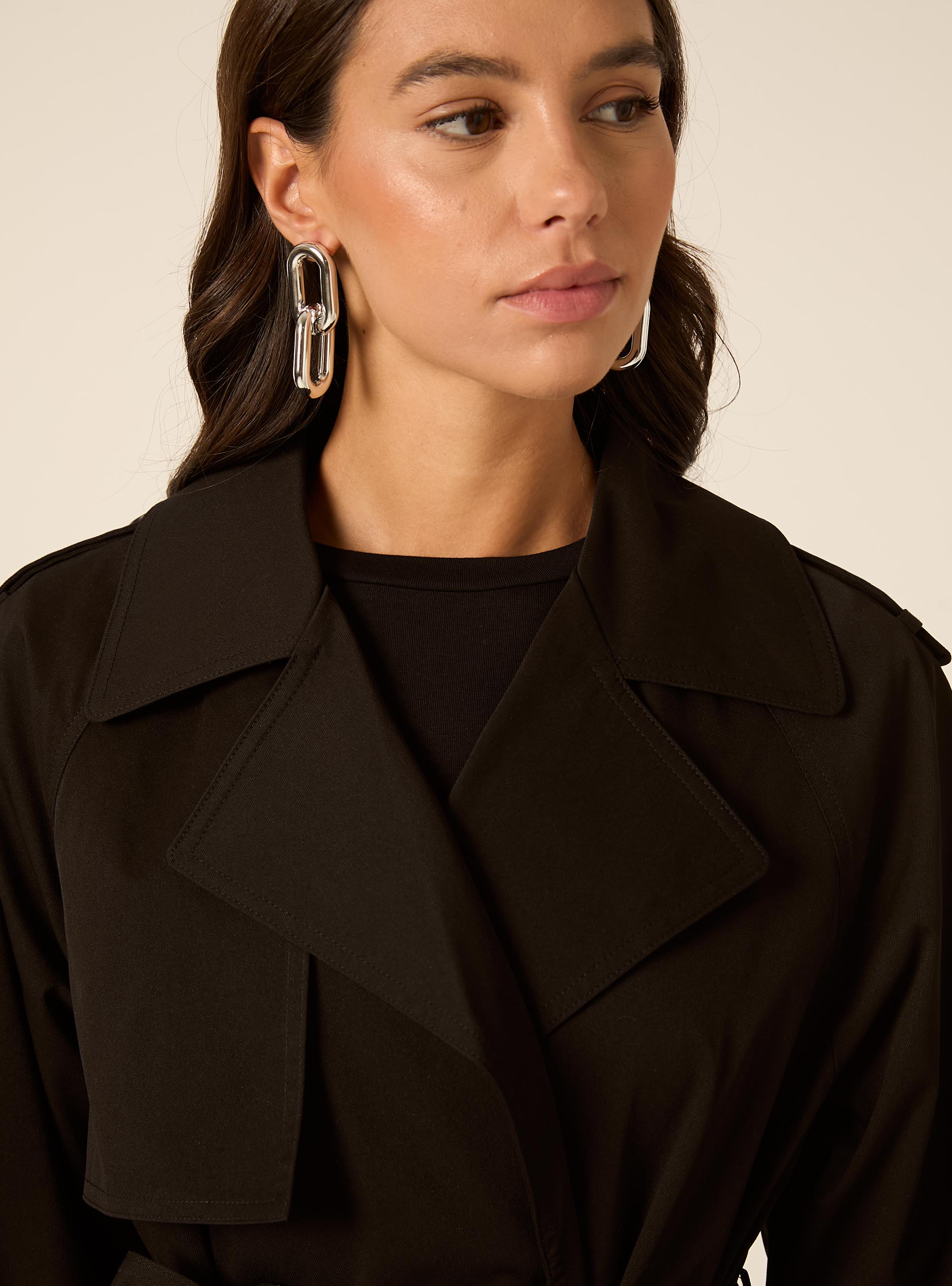 Short Double-Breasted Belted Trench Coat, BK1 BLACK