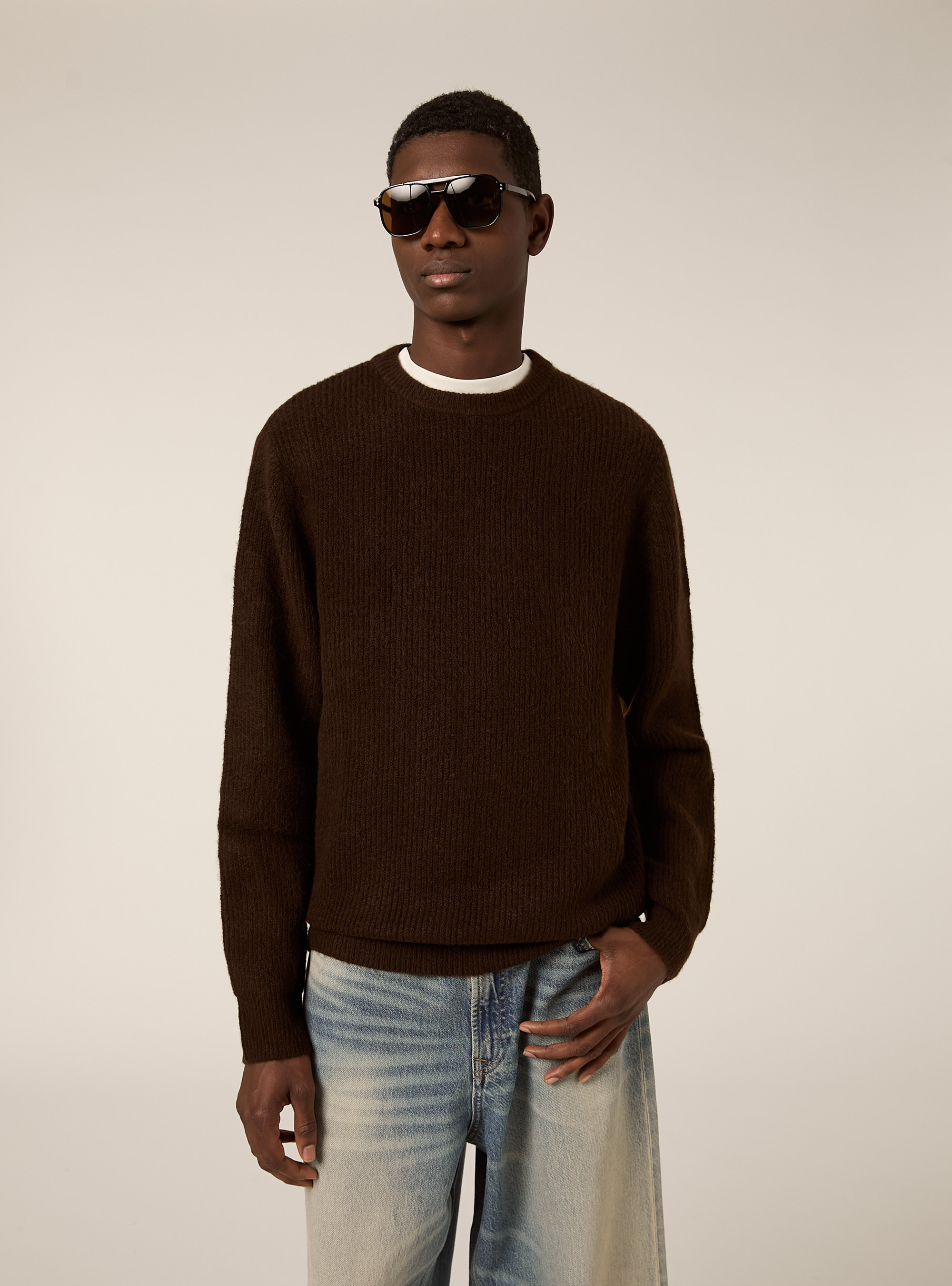 English ribbed crew neck jumper, MBR1 BROWN MEL DARK
