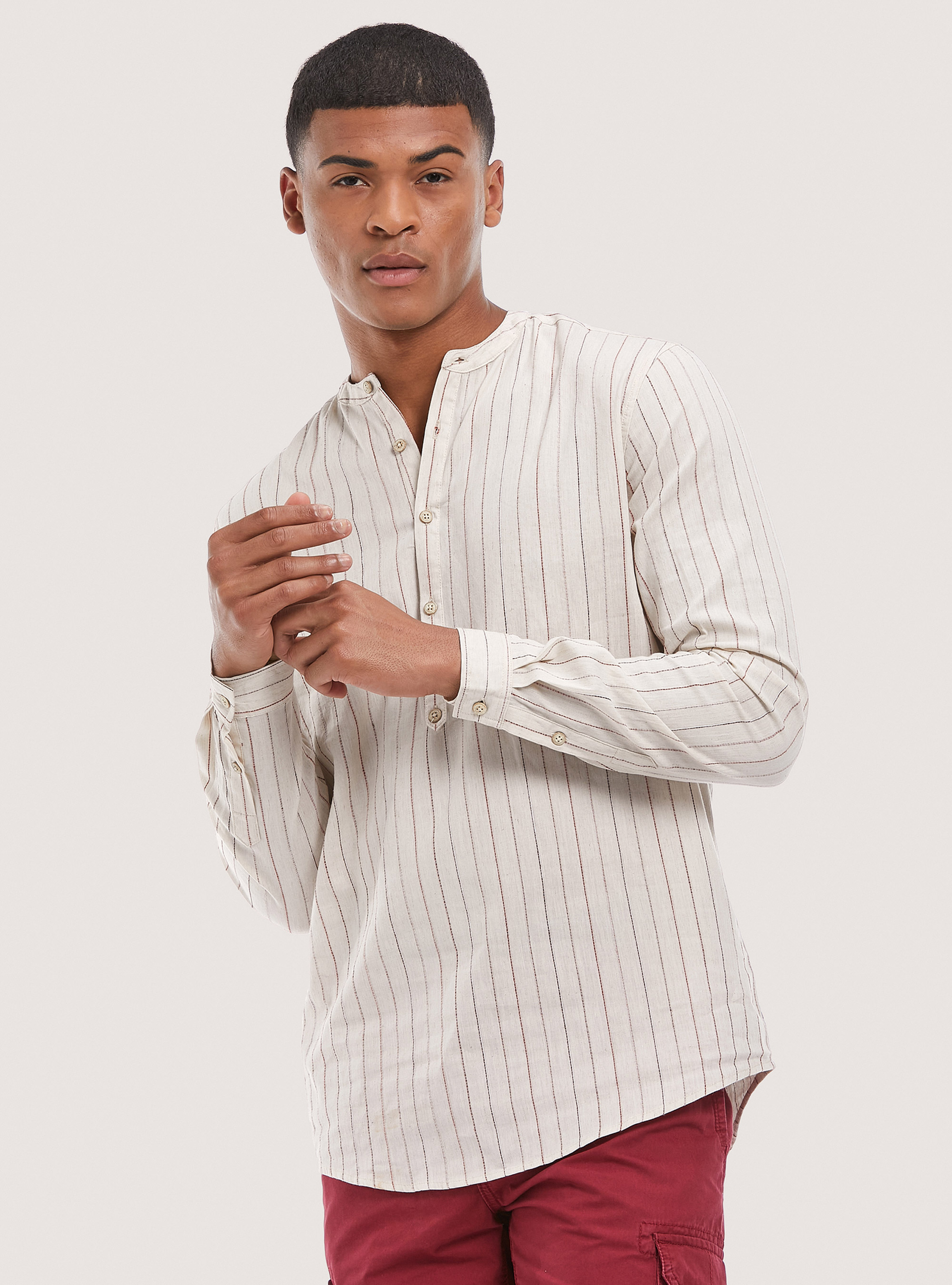 Camisa de rayas en mezcla de lino, MULTICOLORE