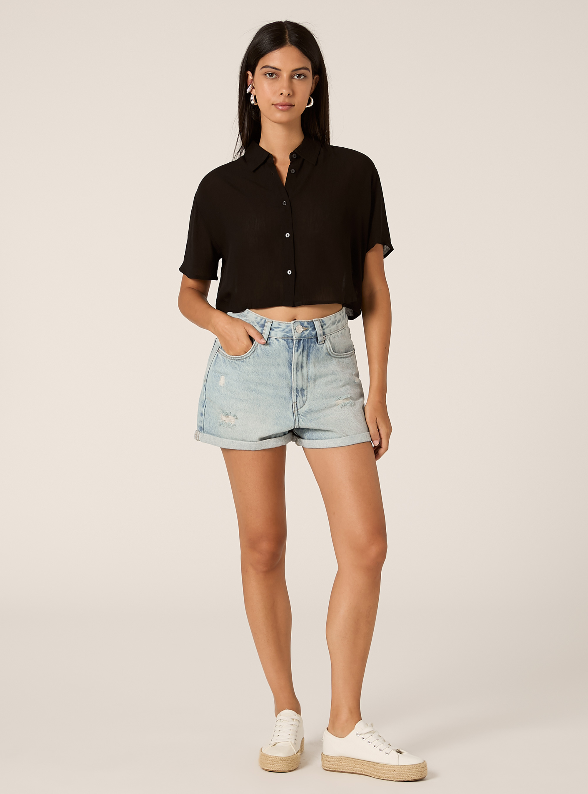 Cropped crepe shirt, BK1 BLACK