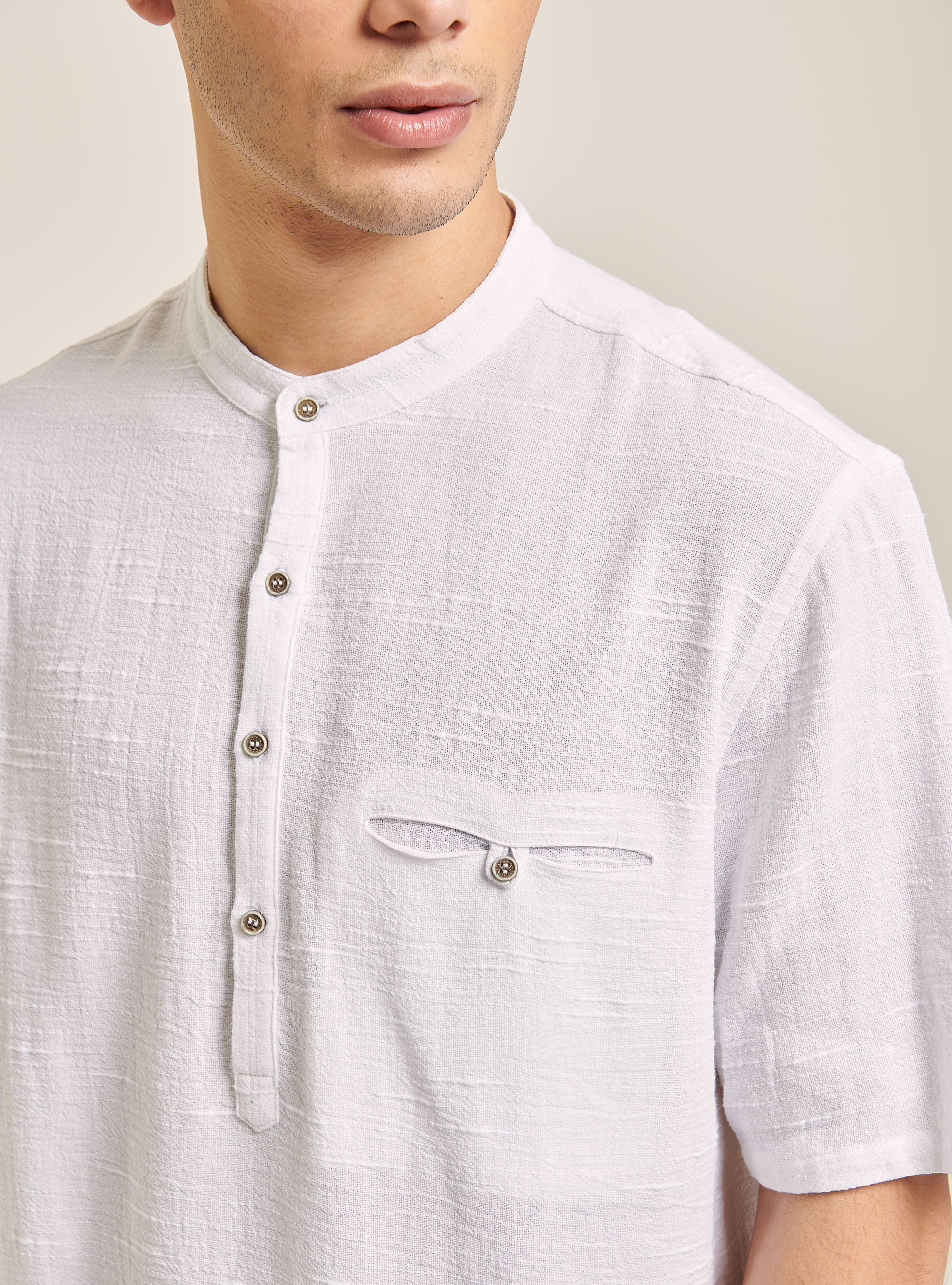 Linen blend shirt with Korean collar, WHITE