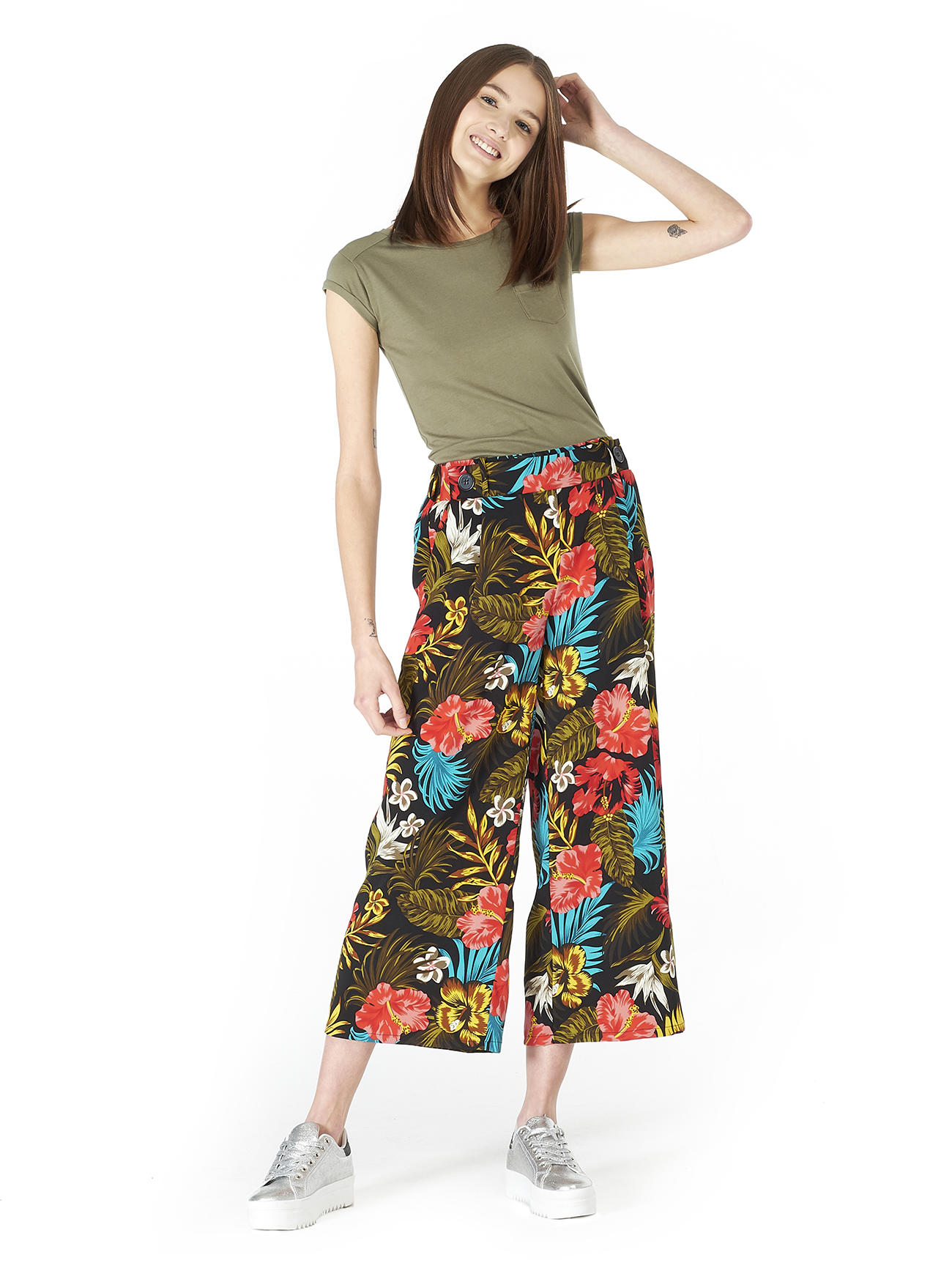 Pantalone gamba ampia vita alta e comfort fit, FL101 FLOWER BLACK
