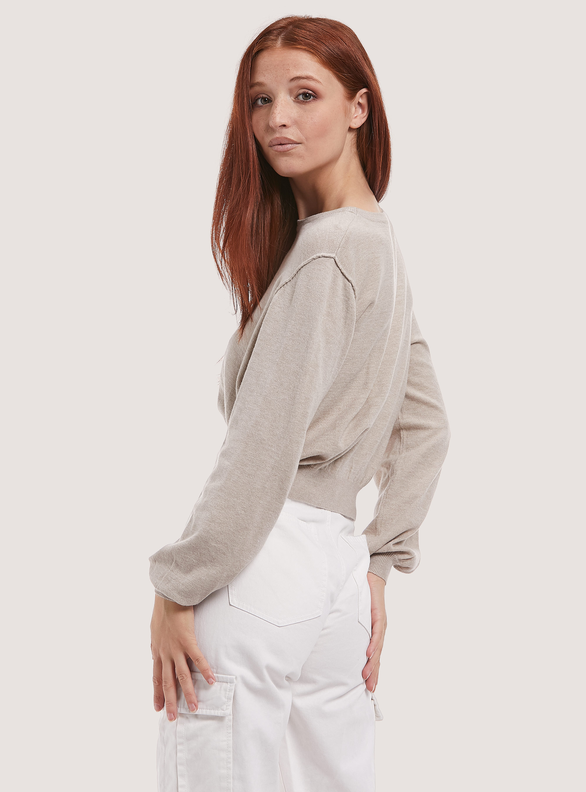 Cropped pullover with puff sleeves, C0580 BEIGE MELANGE