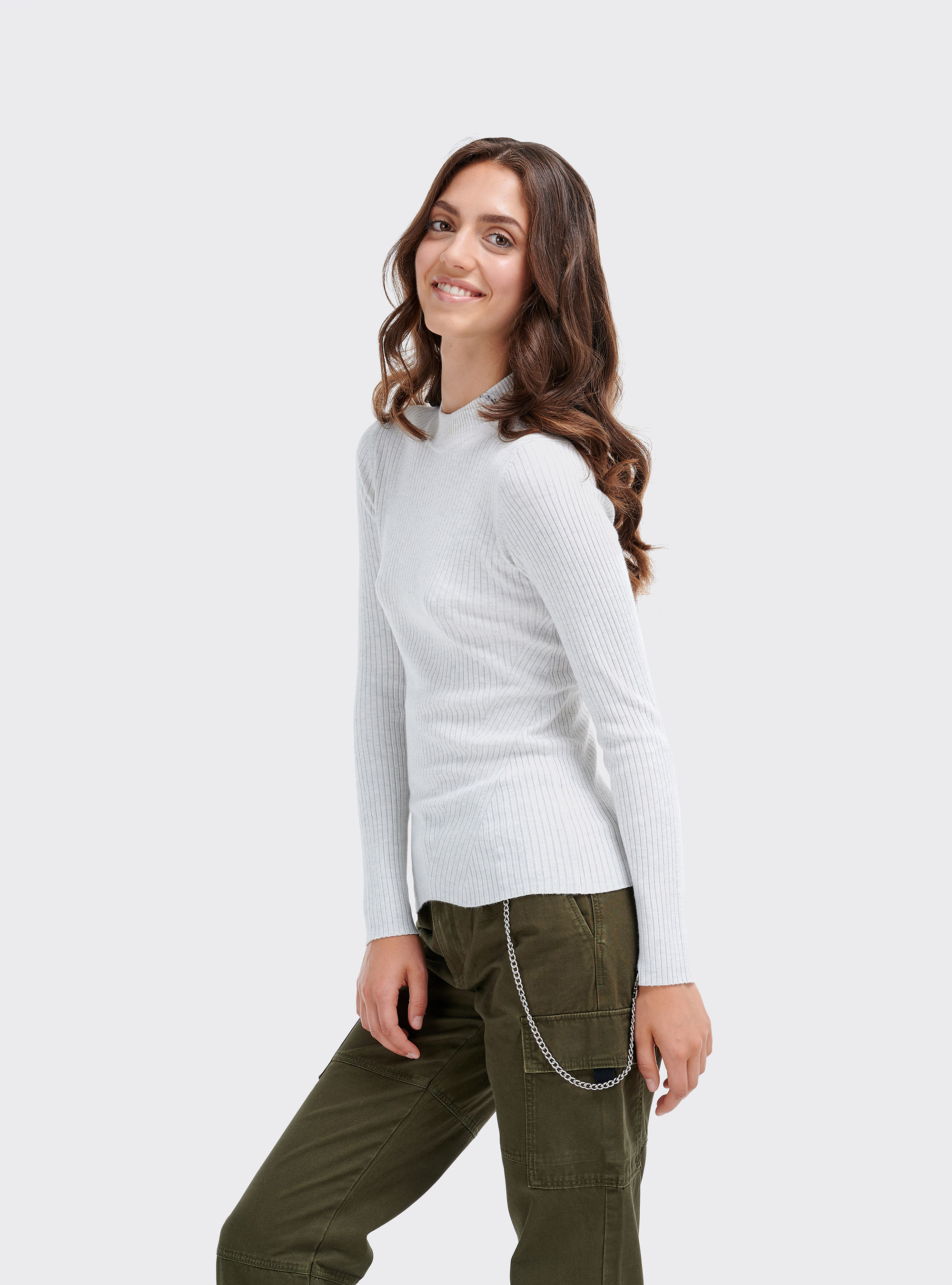 Half-neck pullover in ribbed knit, WHITE MELANGE