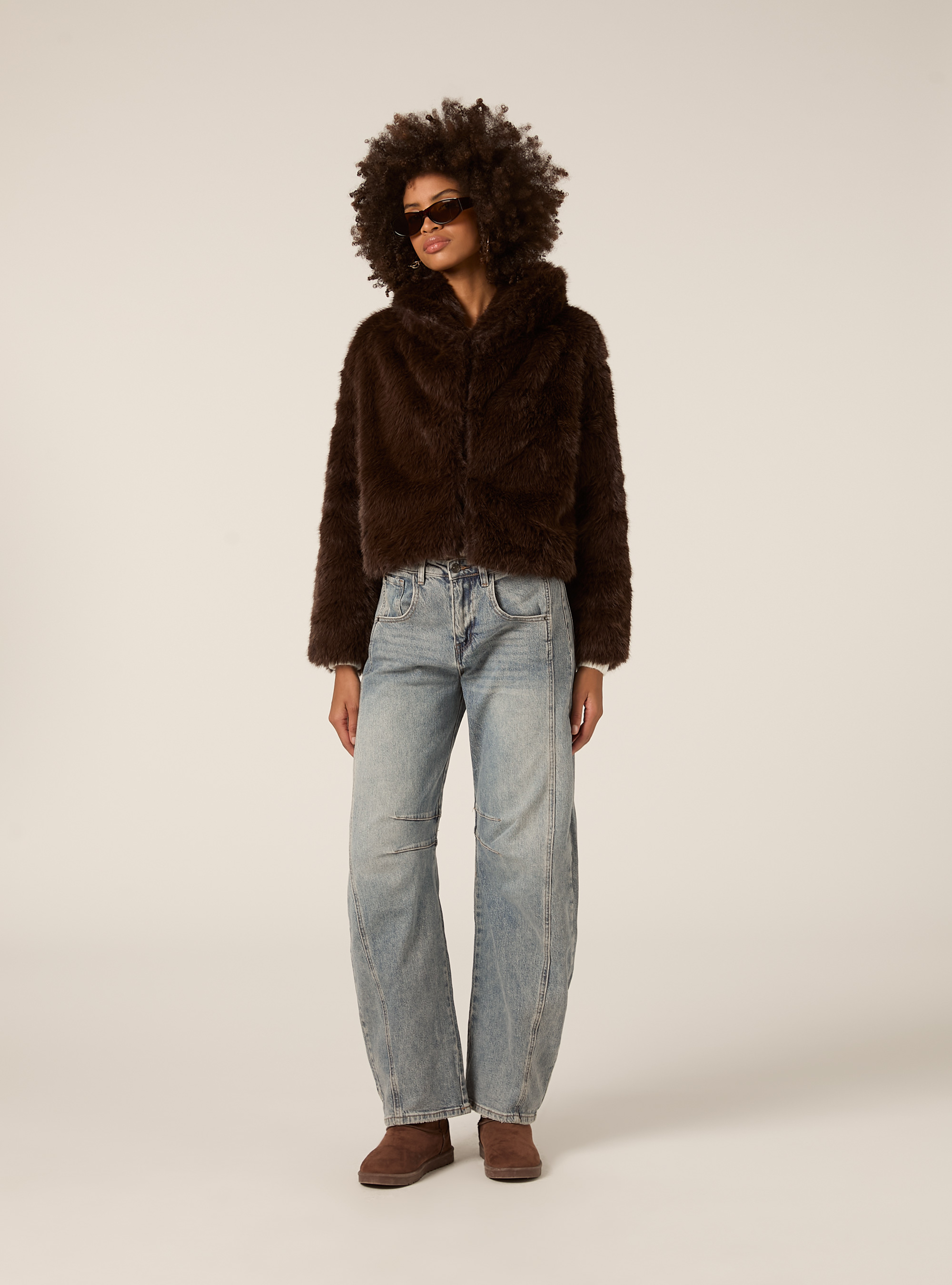 Pelliccia sintetica collo cappuccio, BR1 BROWN DARK