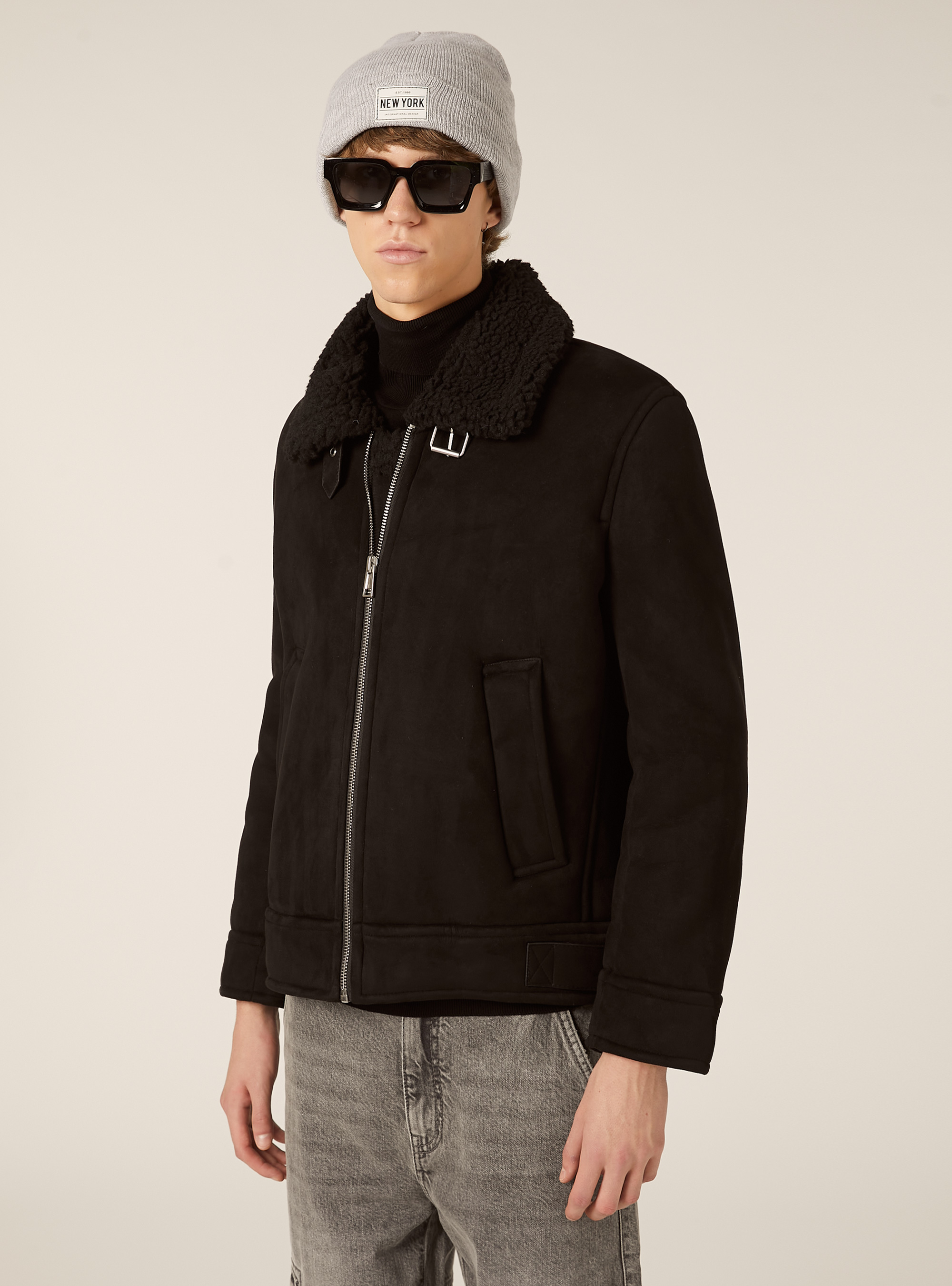 Giubbotto effetto camoscio interno in sherpa, BK1 BLACK