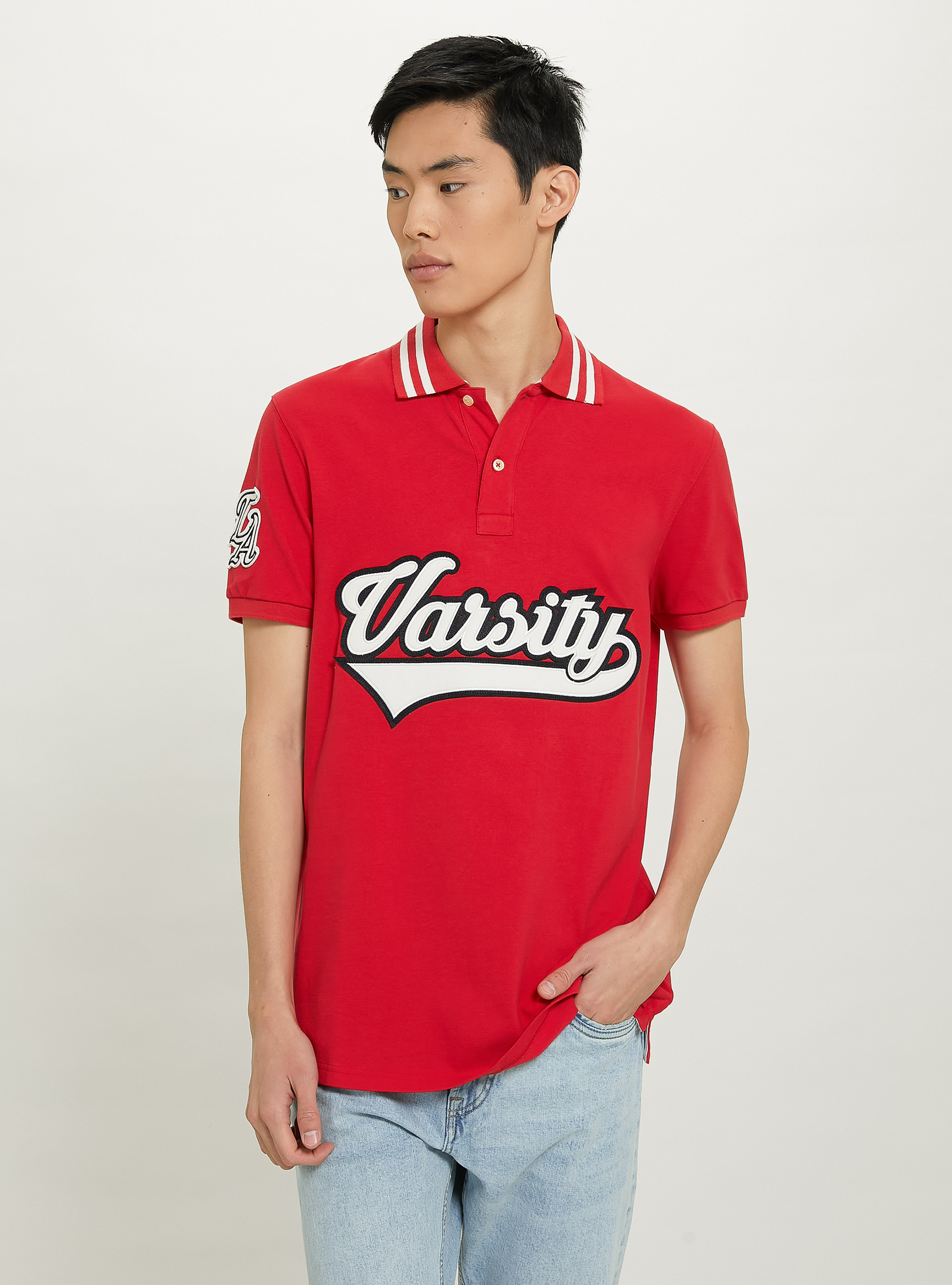 Polo in cotone con patch Varsity, C3376 RED