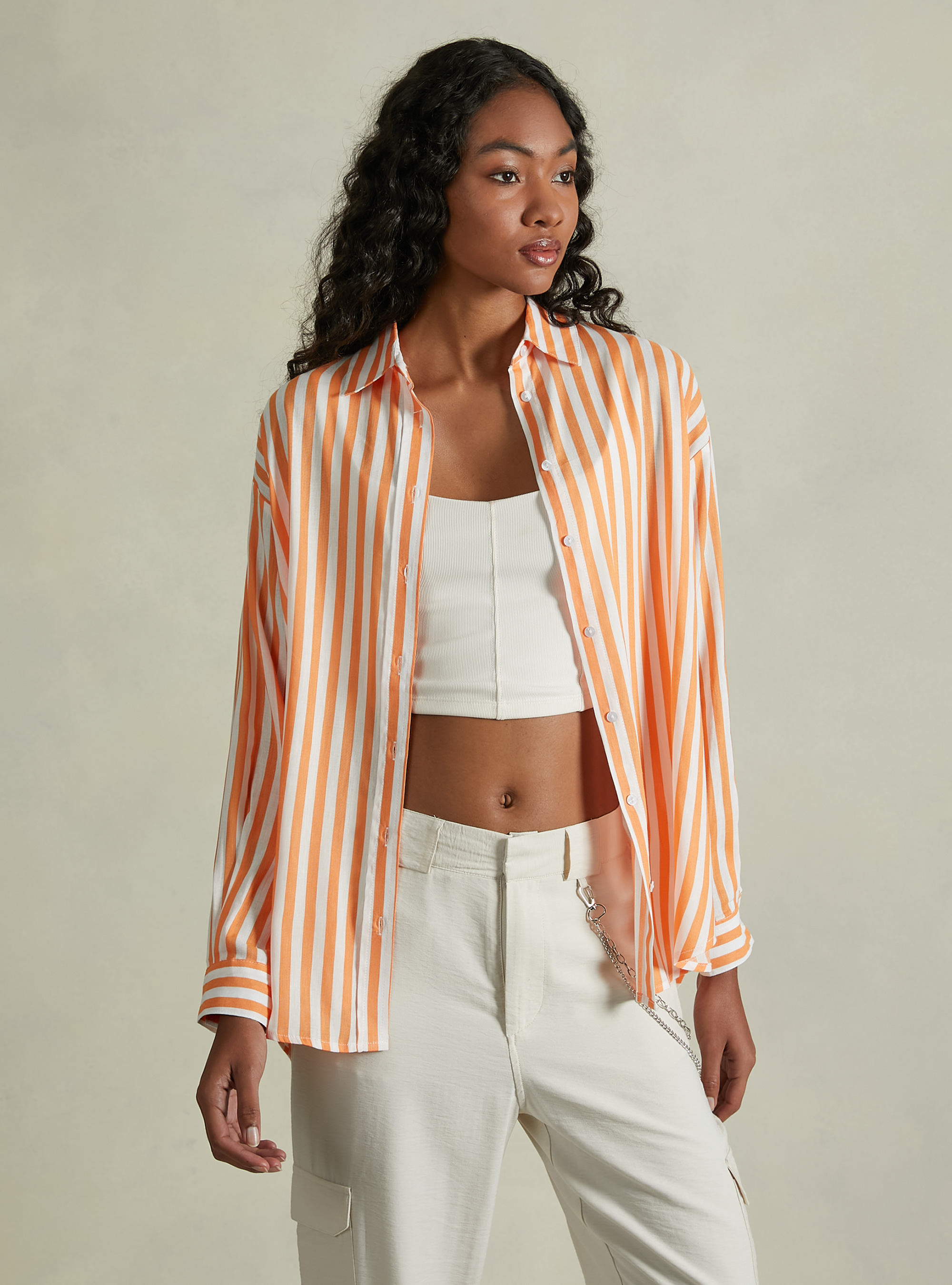 Linen blend striped shirt, OR3 ORANGE LIGHT