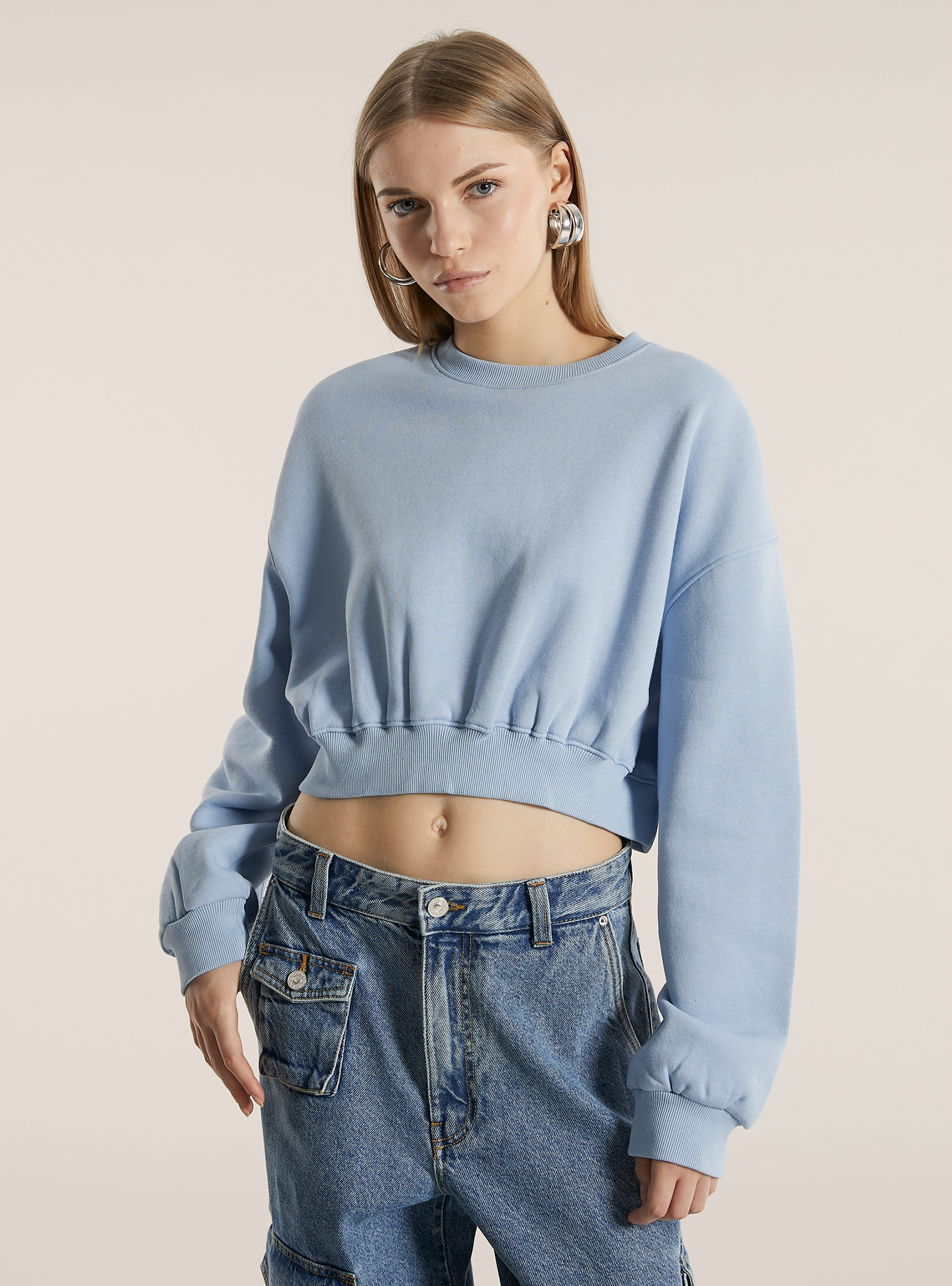 Cotton crop crew-neck sweatshirt, AZ3 AZURE LIGHT