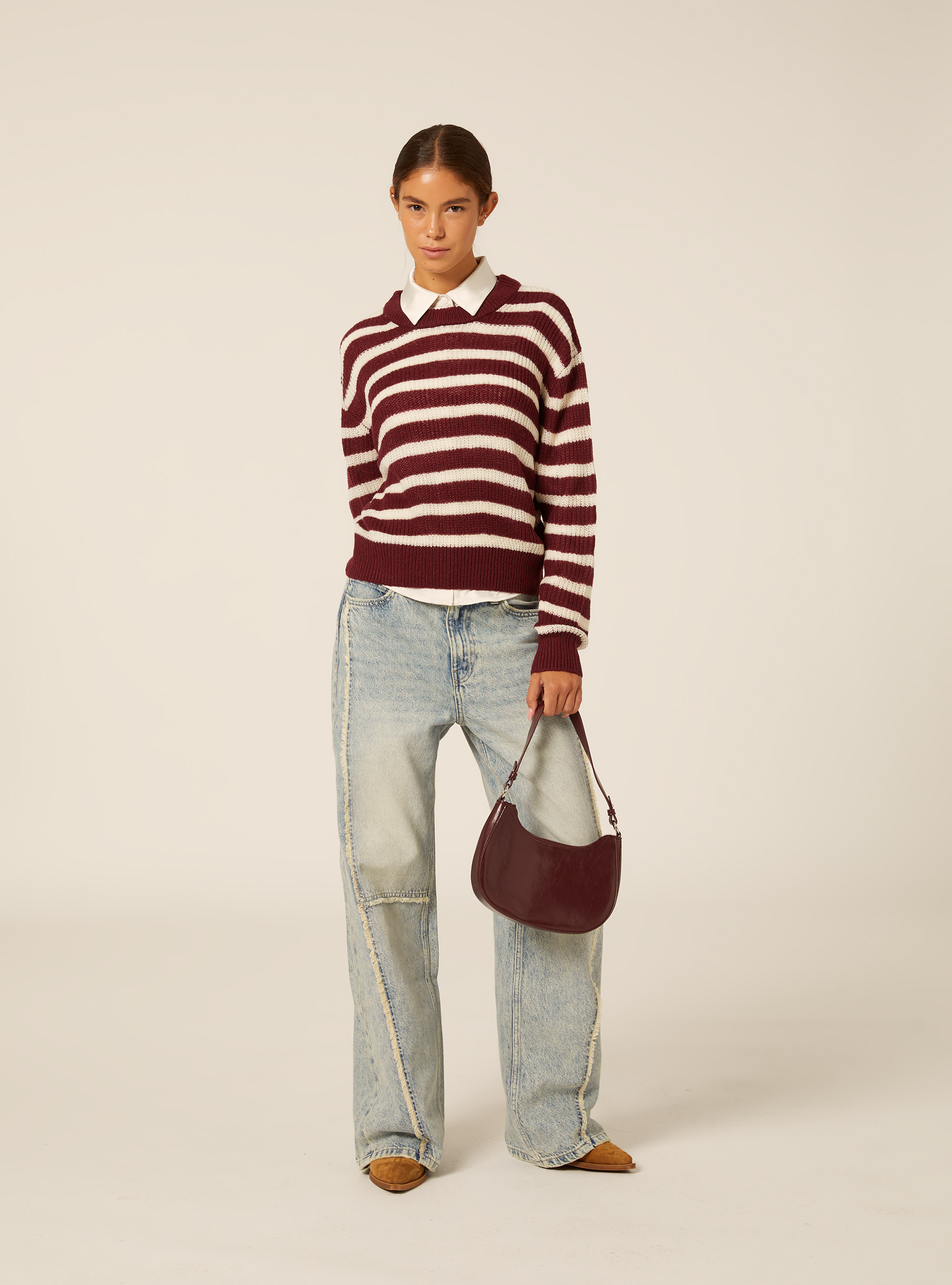 Pullover girocollo a righe, BO1 BORDEAUX DARK