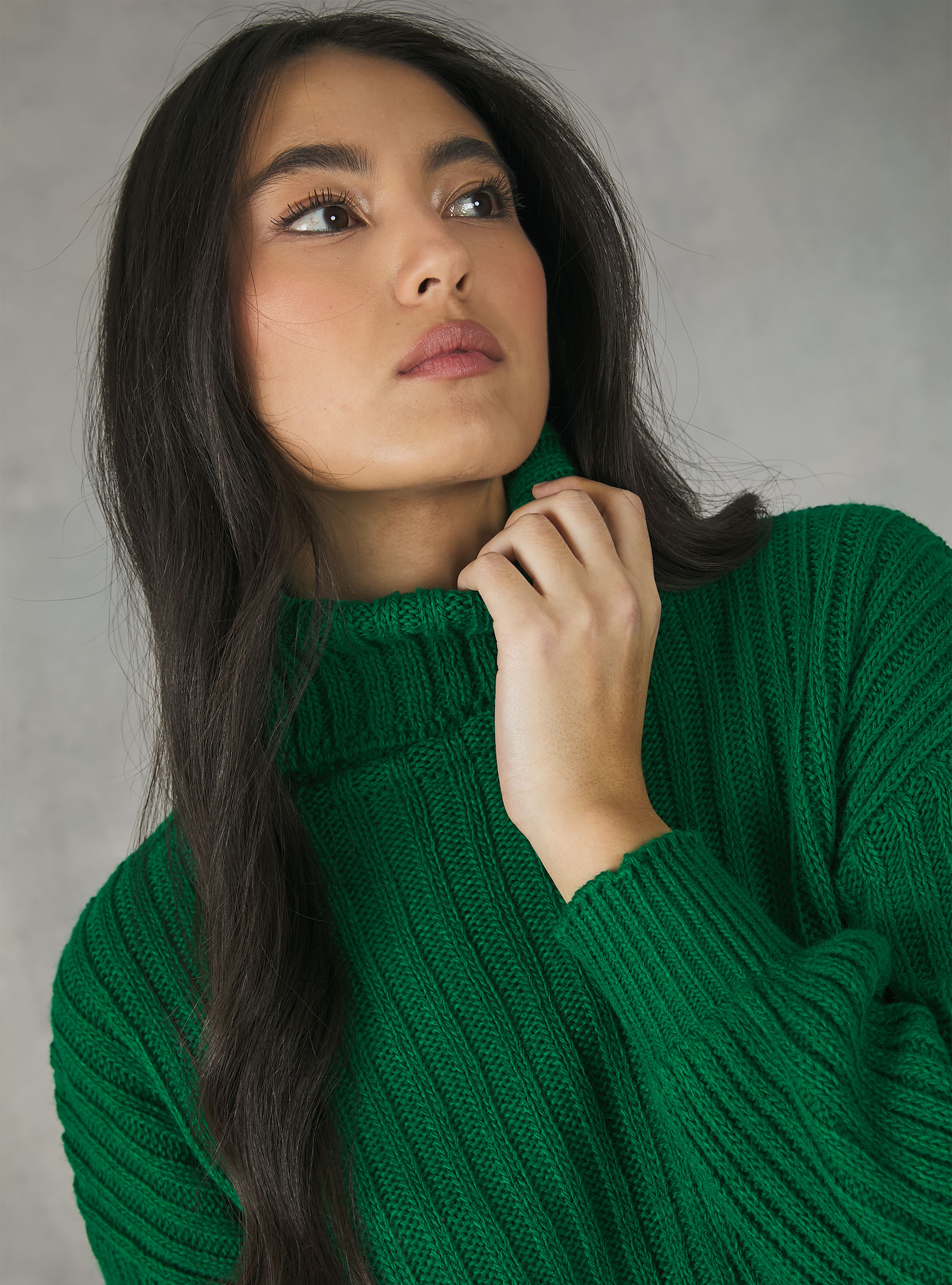 Pullover collo alto a coste, GN1 GREEN DARK