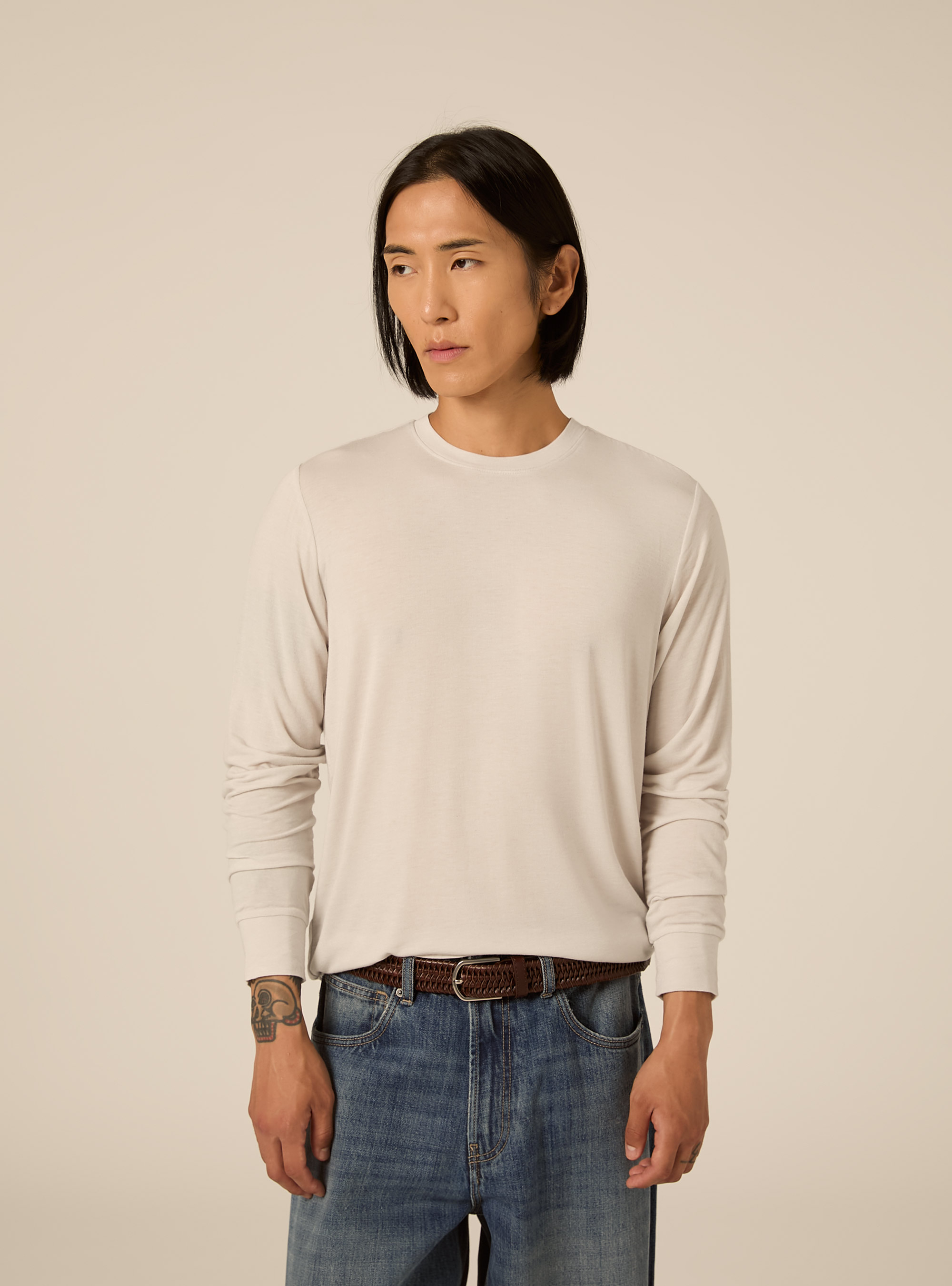 Herren langarmshirt mit rundhalsausschnitt aus cashmere mischgewebe, MWH2 OFF WHITE MEL
