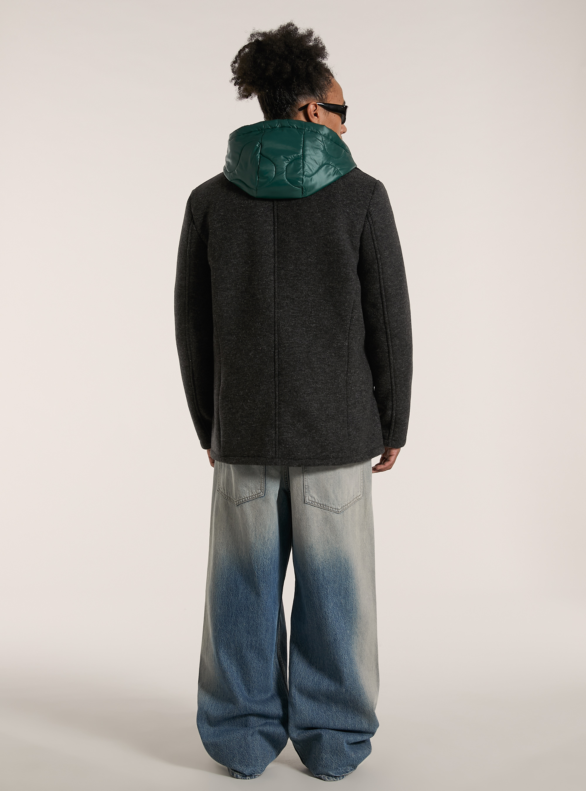 Cappotto doppiopetto con cappuccio trapuntato, MGY1 GREY MEL DARK