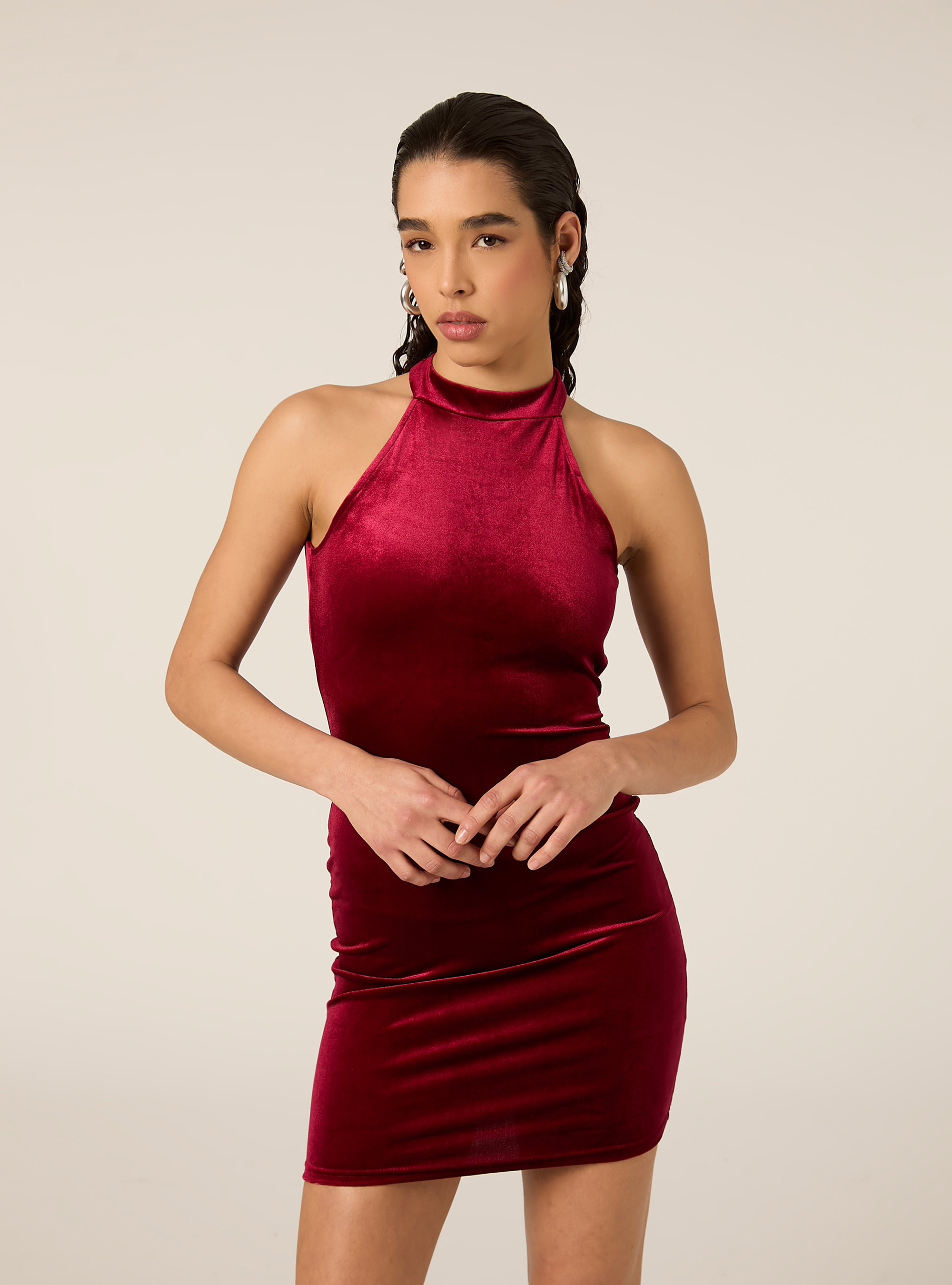 Vestito scollo halter in velluto, RD2 RED MEDIUM