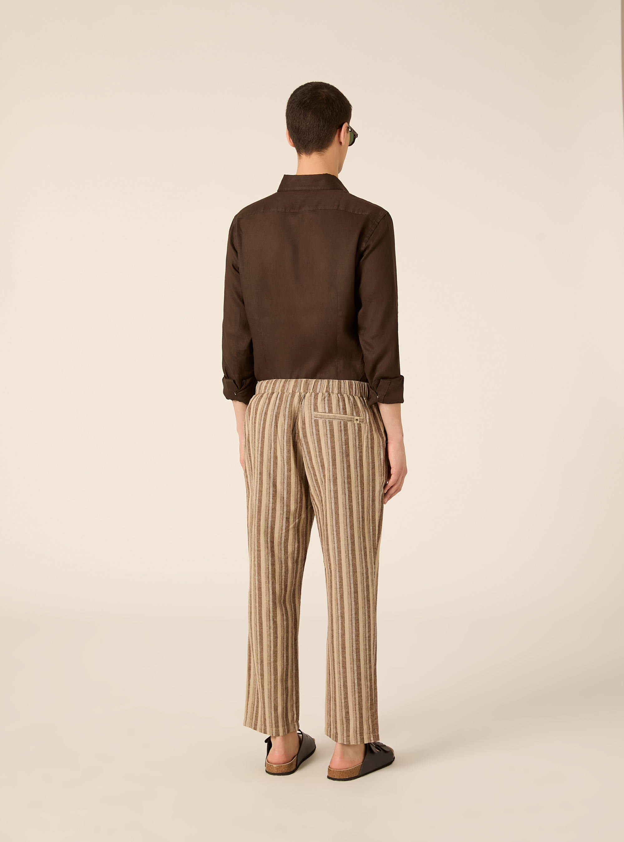 Pantaloni in misto lino a righe, BG2 BEIGE MEDIUM