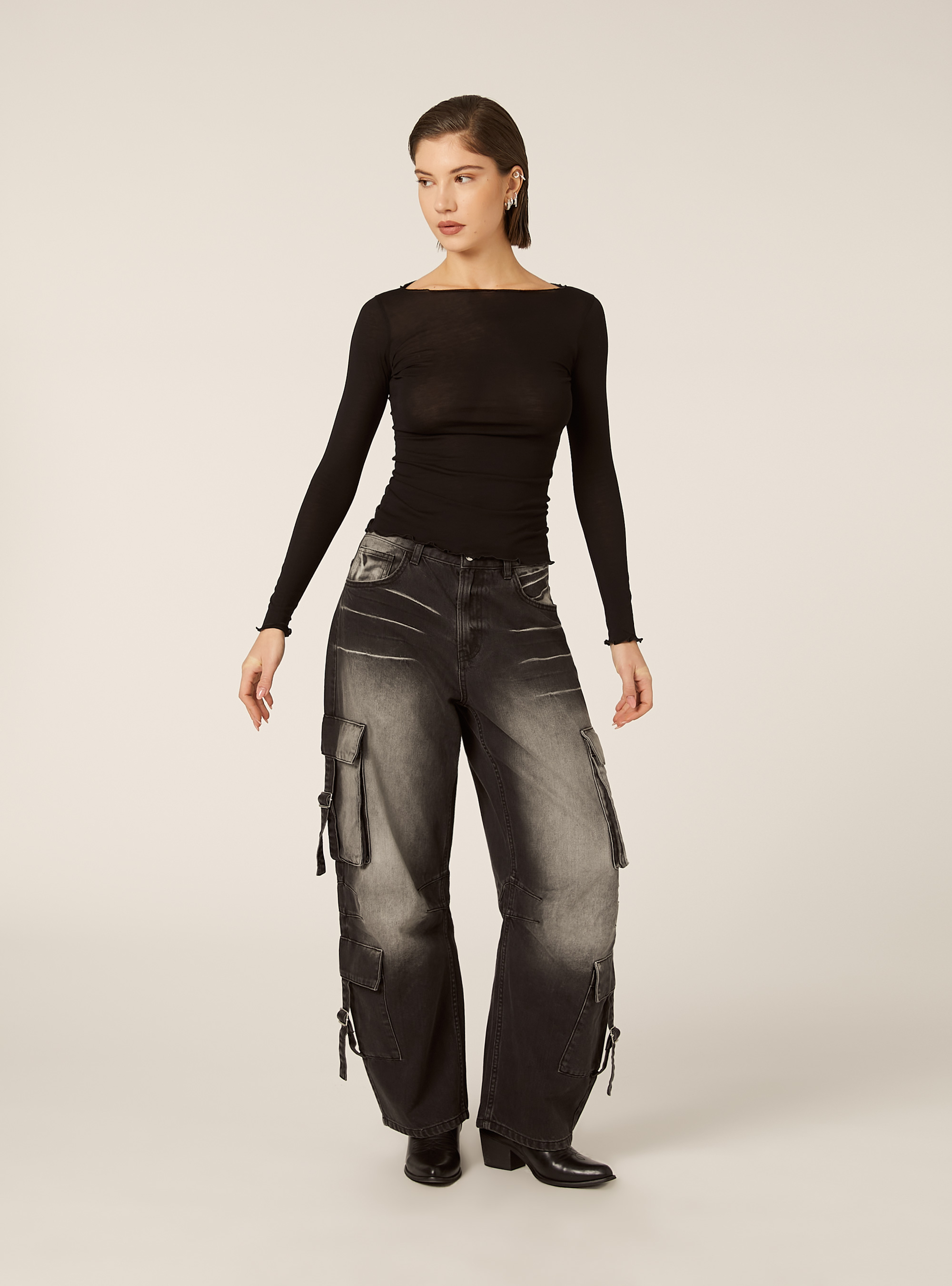 Camiseta de manga larga en mezcla de lana, BK1 BLACK