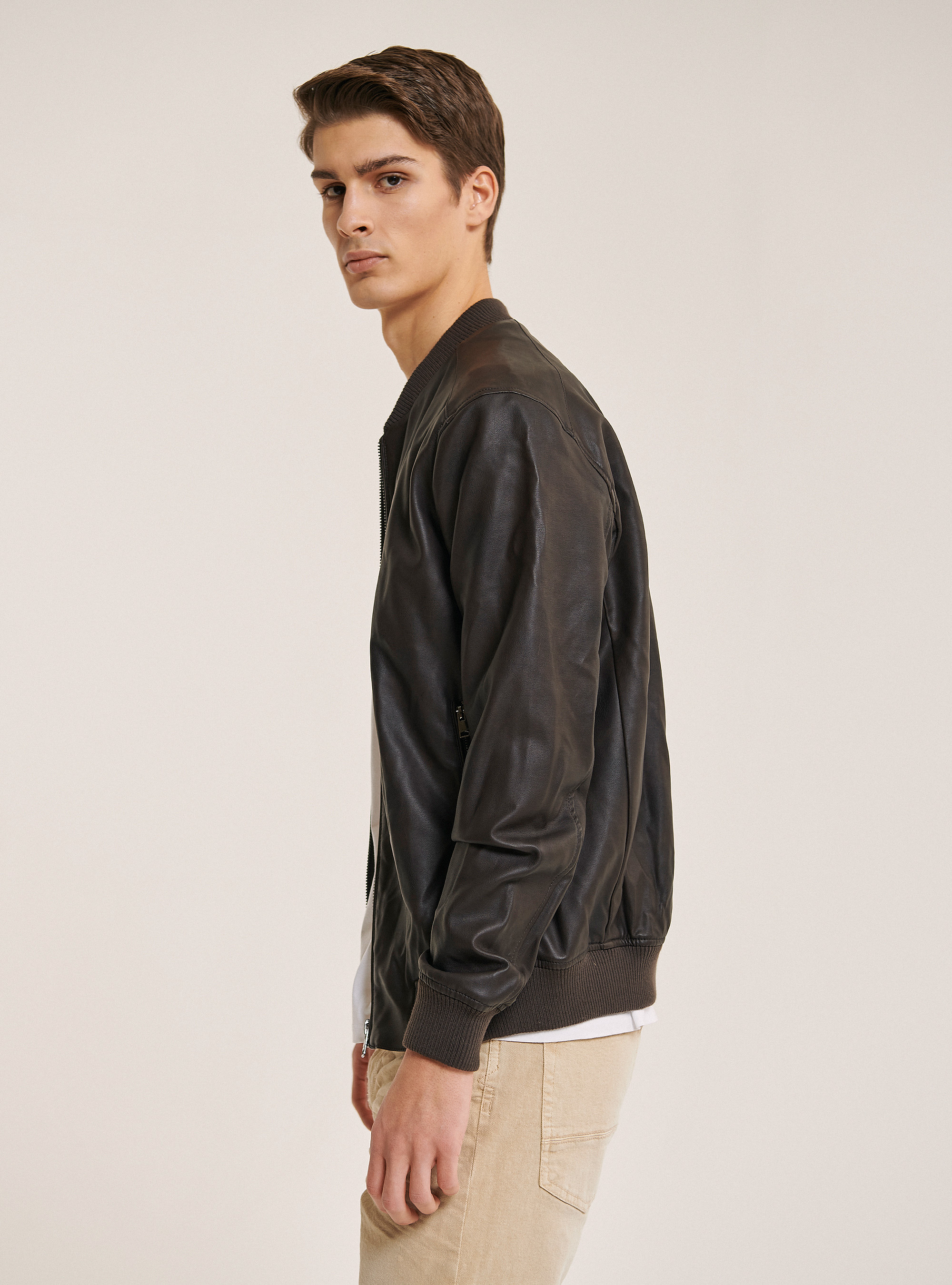 Jacket with leather effect zipper, BROWN